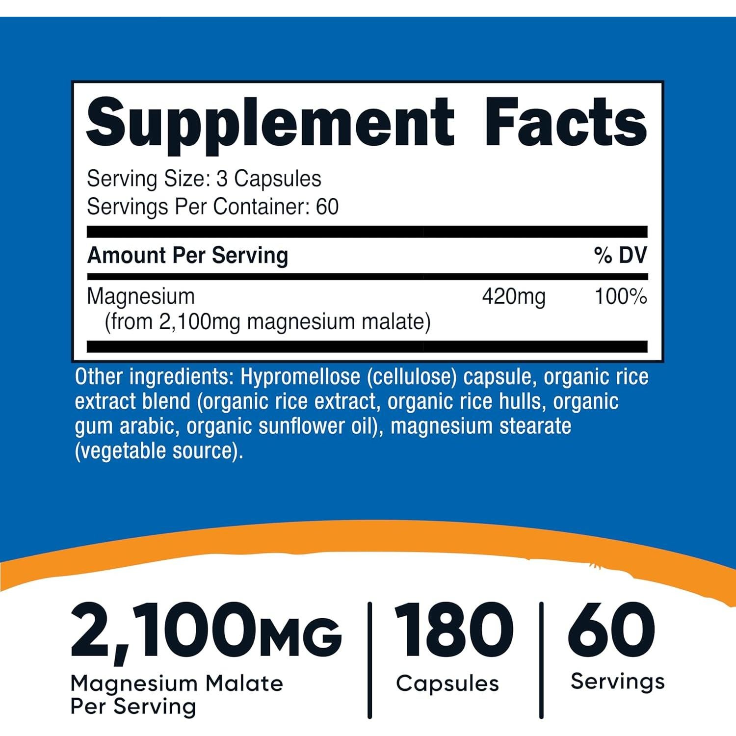 Malato de Magnesio Nutricost 2100mg 180 Cápsulas Veganas