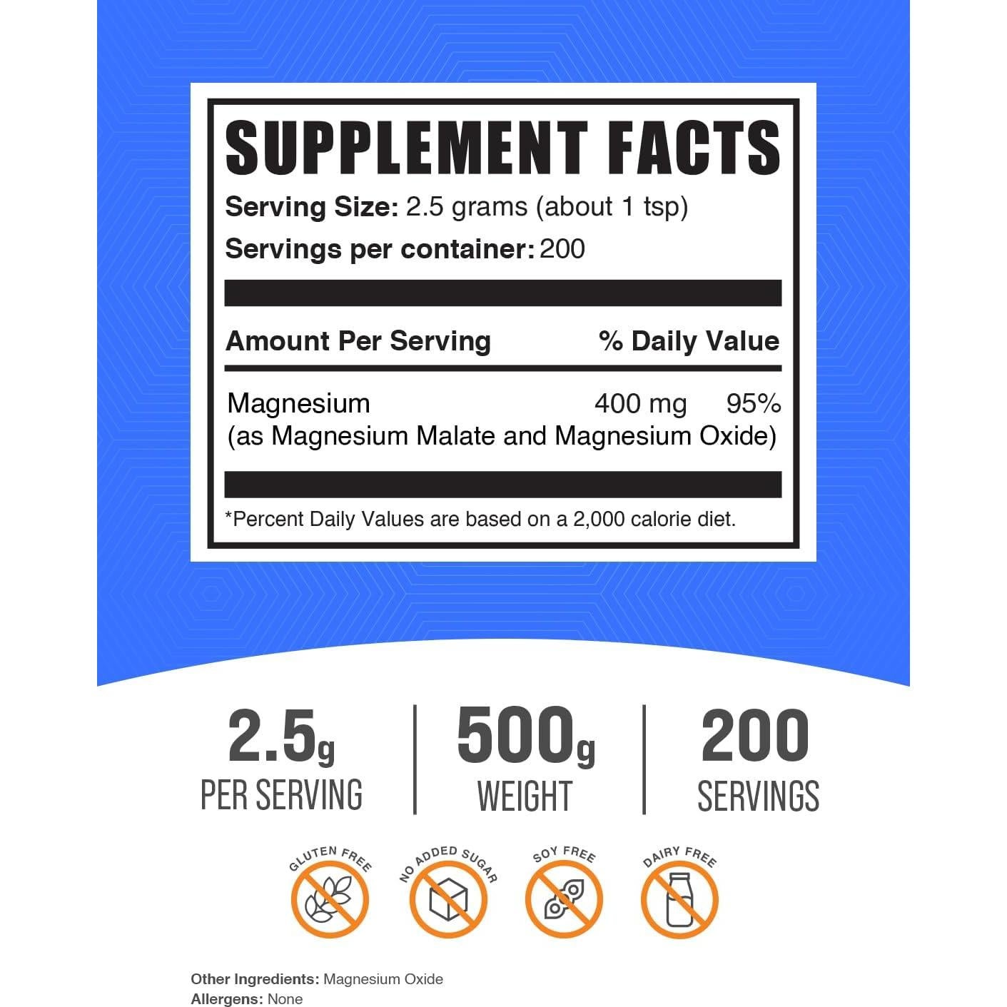 Polvo de Malato de Magnesio BulkSupplements 500g - Sin Sabor