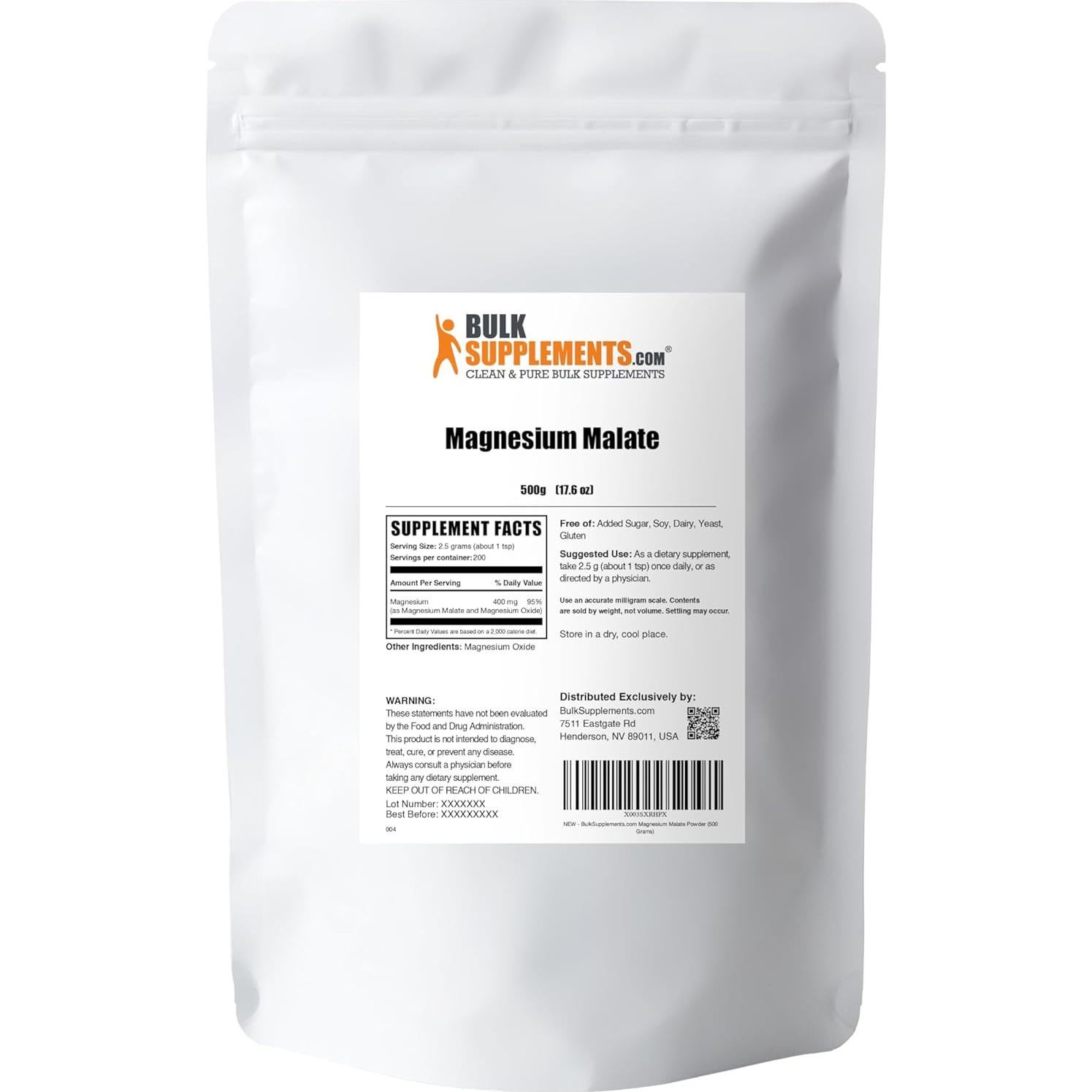 Polvo de Malato de Magnesio BulkSupplements 500g - Sin Sabor