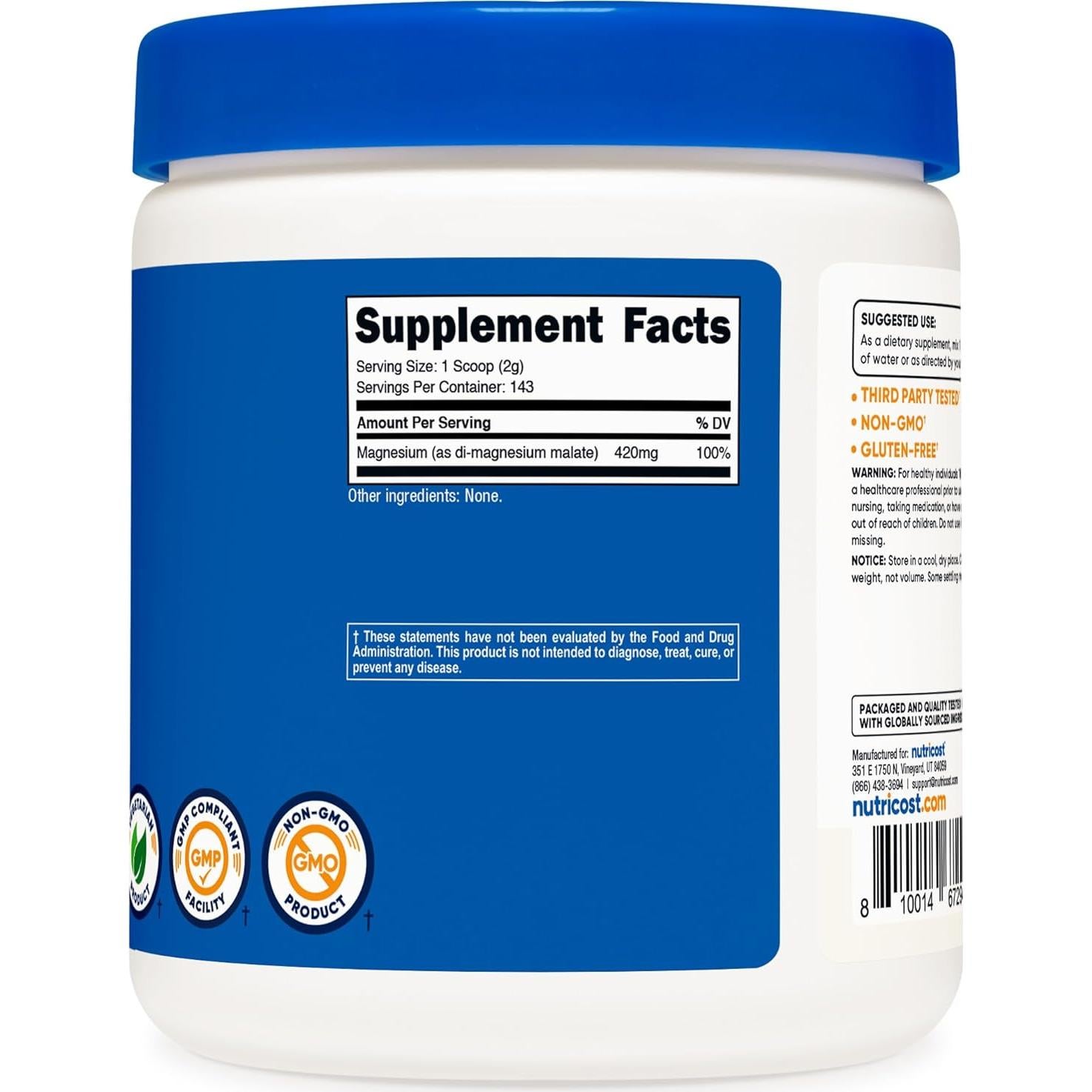 Polvo de Malato de Magnesio Nutricost 300g - 420mg por Porción