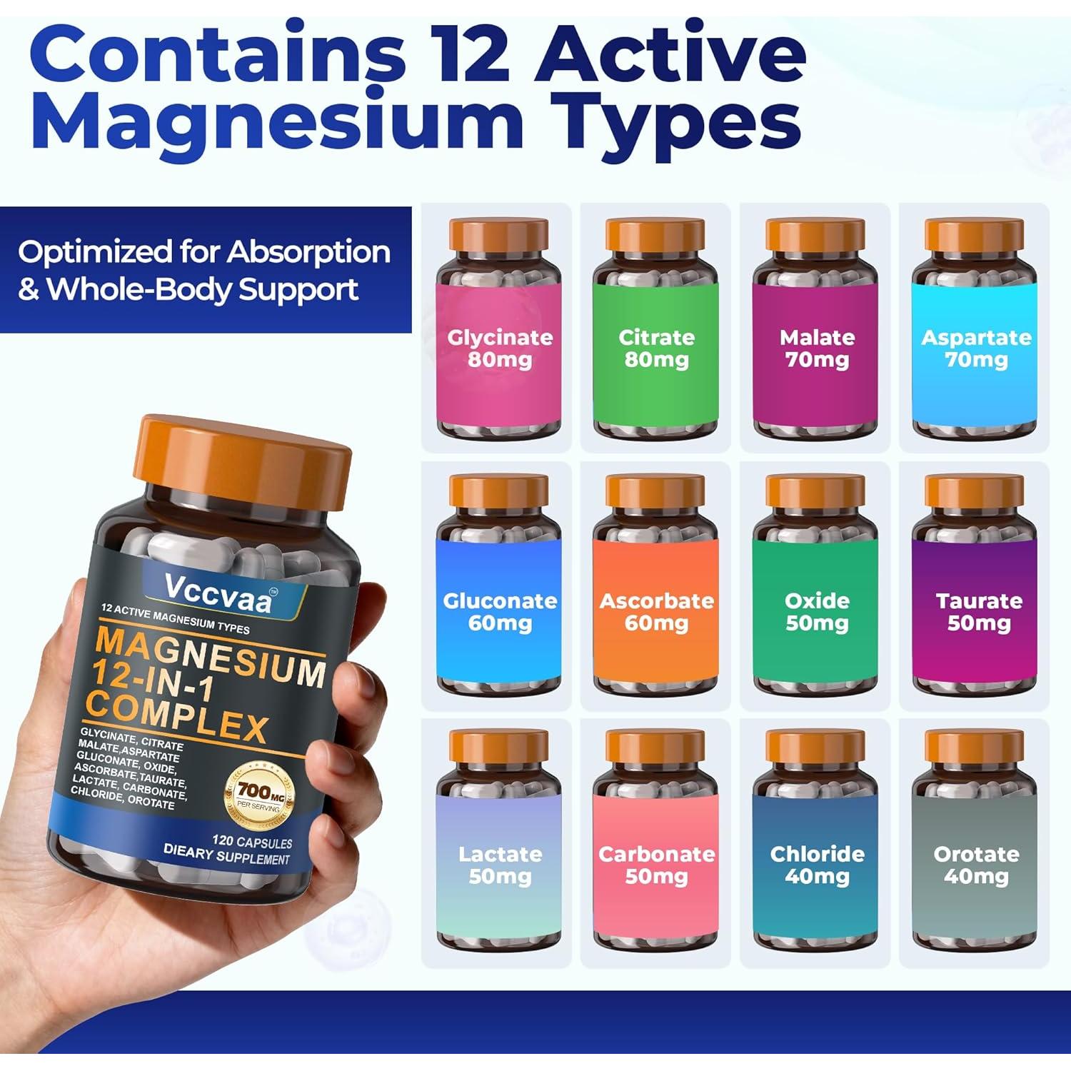 Complejo de Magnesio 700mg Vccvaa - 12 Tipos de Magnesio - 120 Cápsulas