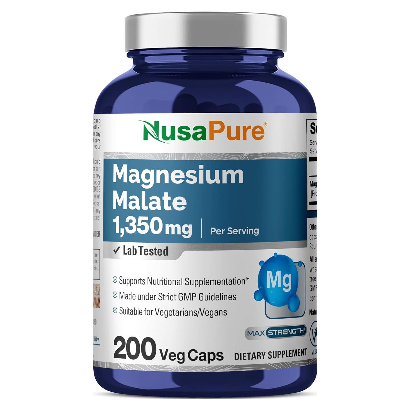 Malato de Magnesio NusaPure 1350mg 200 Cápsulas Veganas