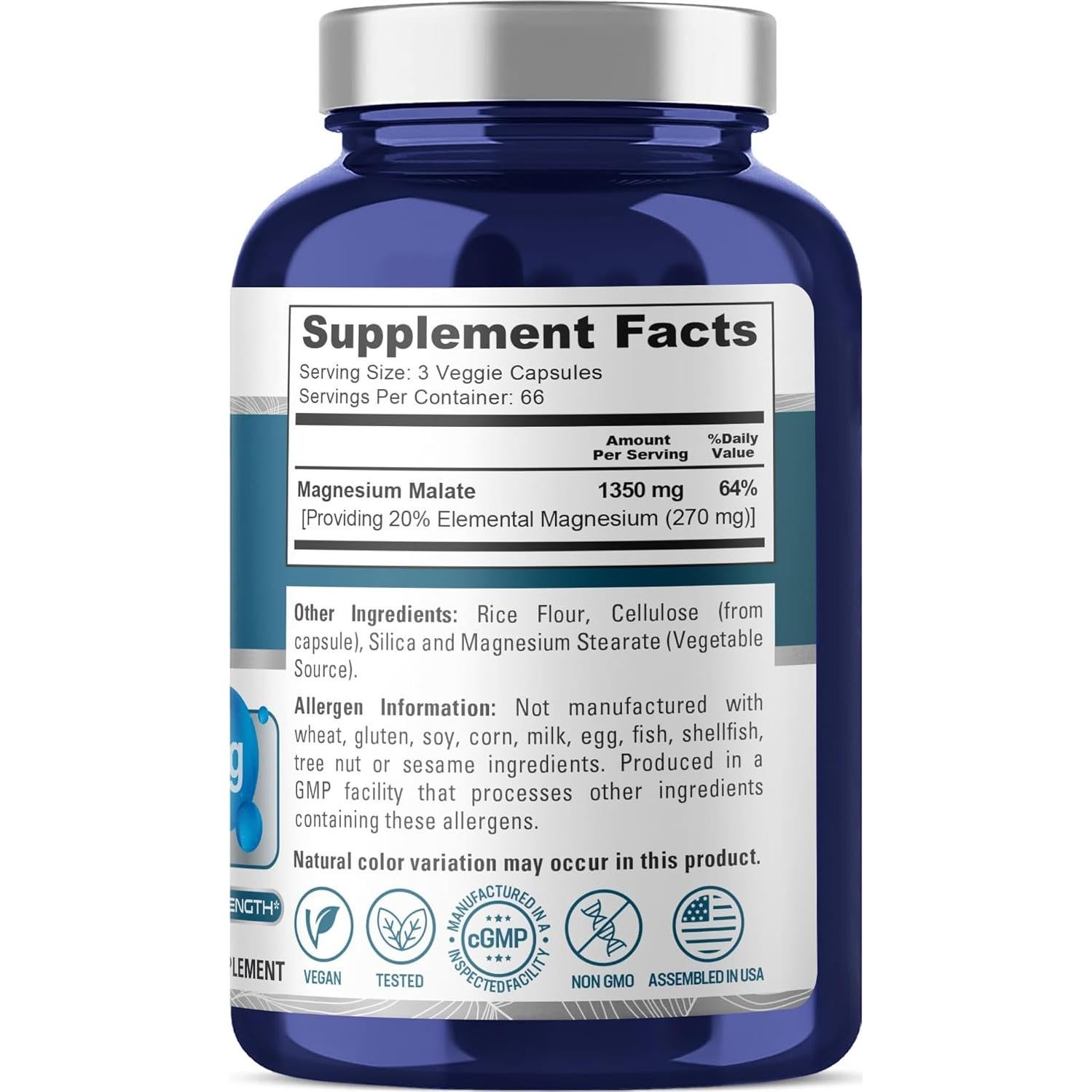 Malato de Magnesio NusaPure 1350mg 200 Cápsulas Veganas