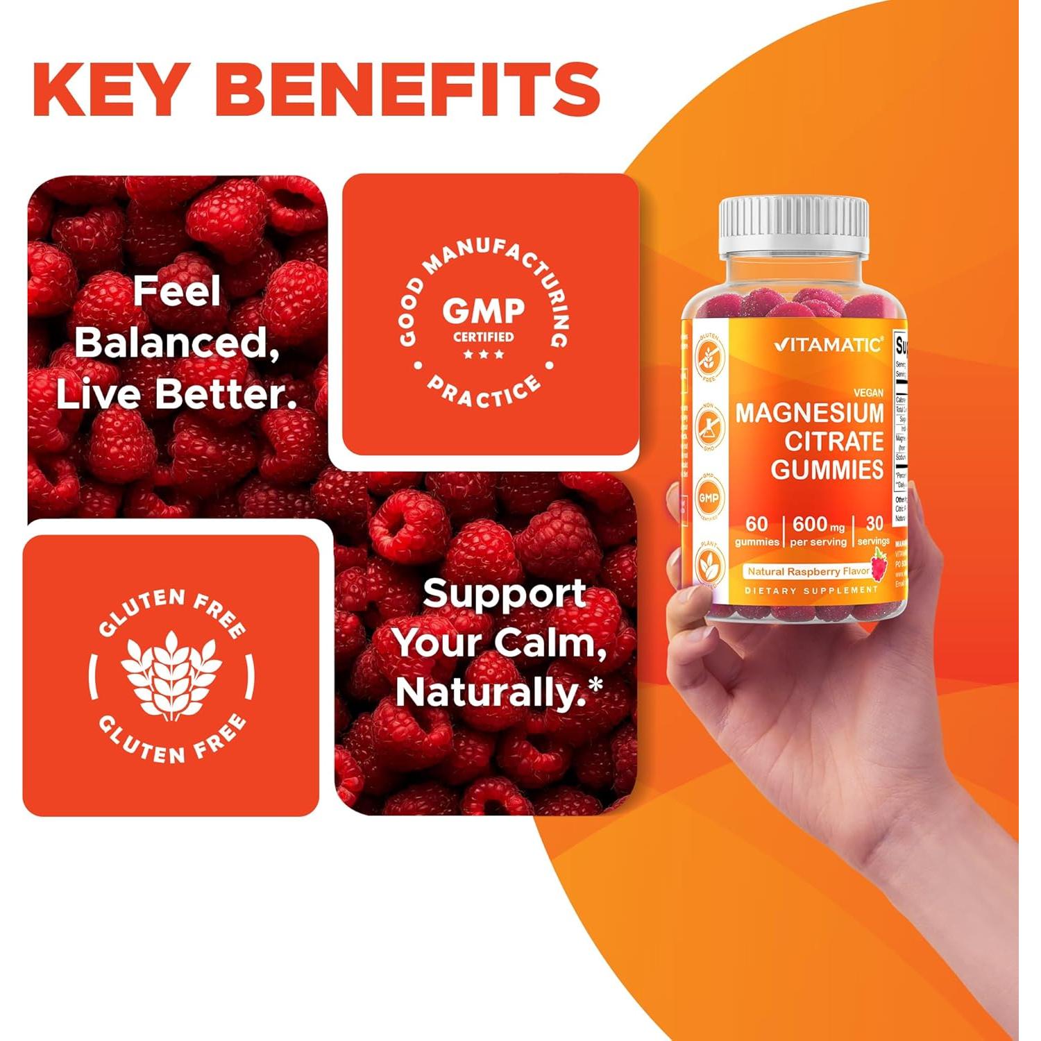 Gomitas de Magnesio Vitamatic 600mg - 60 Unidades - Sabor Frambuesa