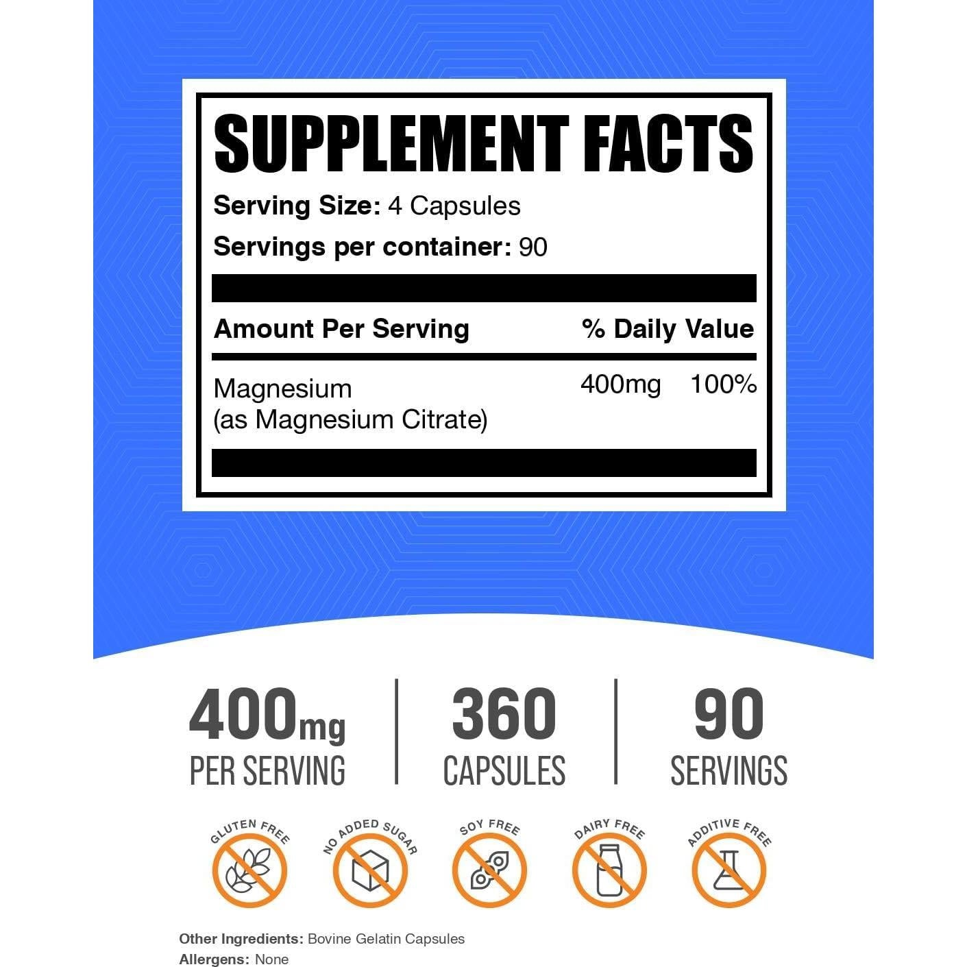 Cápsulas de Citrato de Magnesio BulkSupplements 400mg 360 Conteo