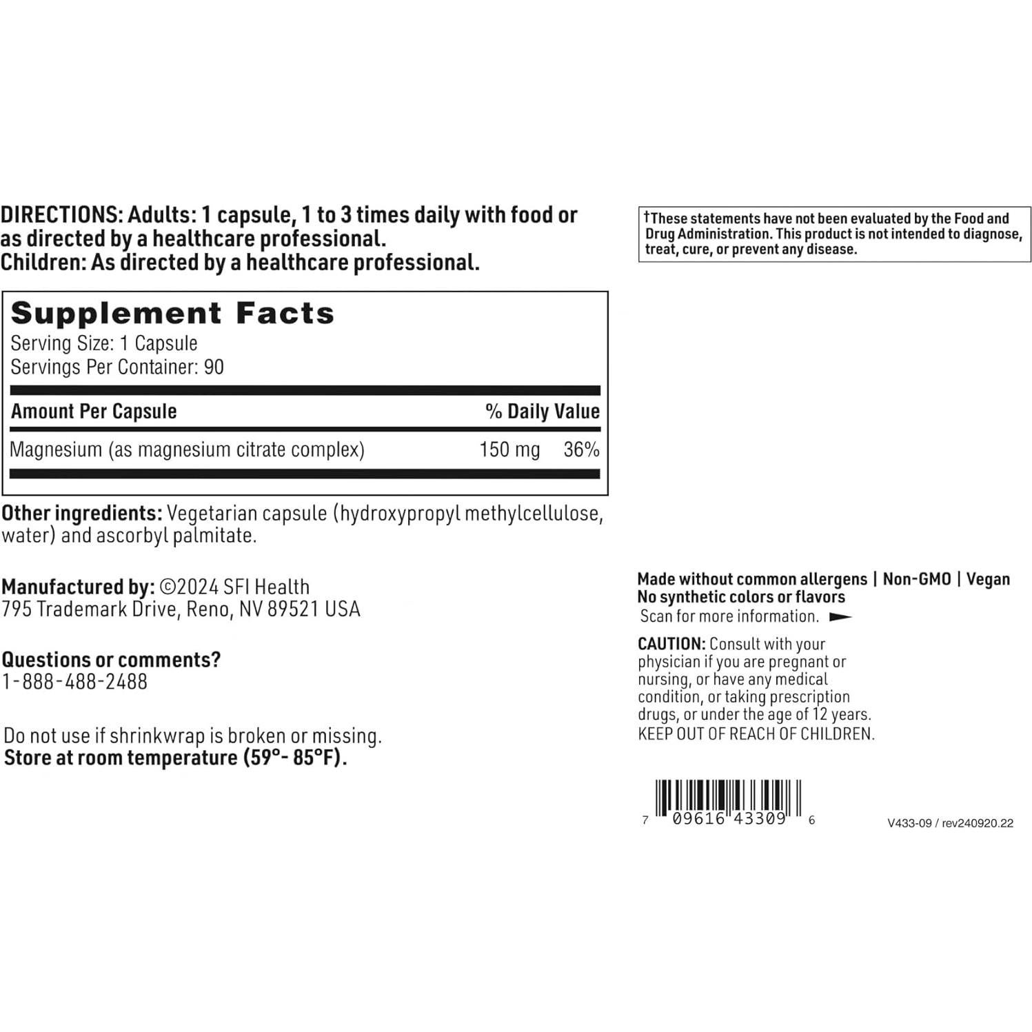 Suplemento de Citrato de Magnesio SFI Health 90 Cápsulas