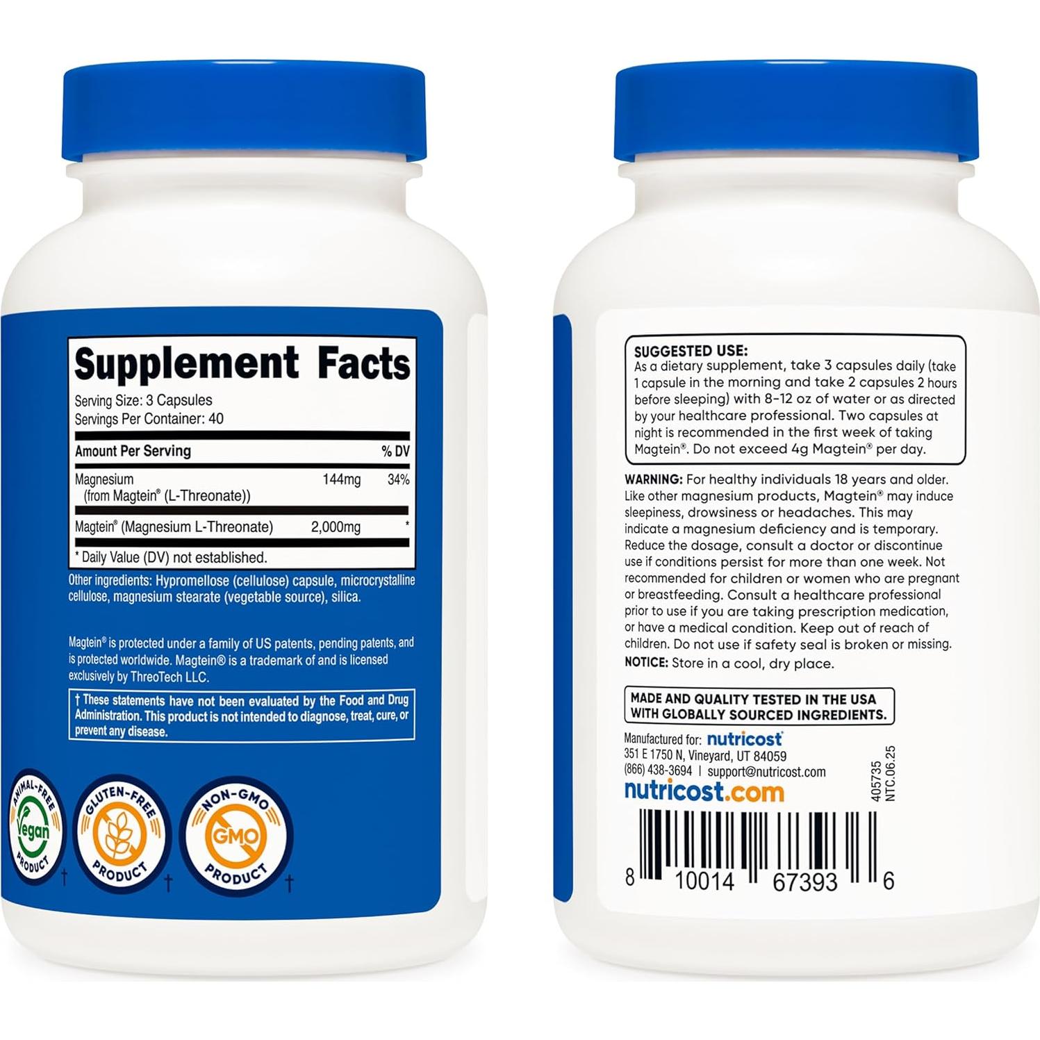 Nutricost Magnesio L-Treonato 2000mg 120 Cápsulas Sin OGM