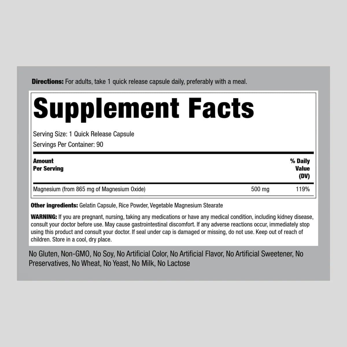 Óxido de Magnesio 500mg Piping Rock | 90 Cápsulas Rápidas