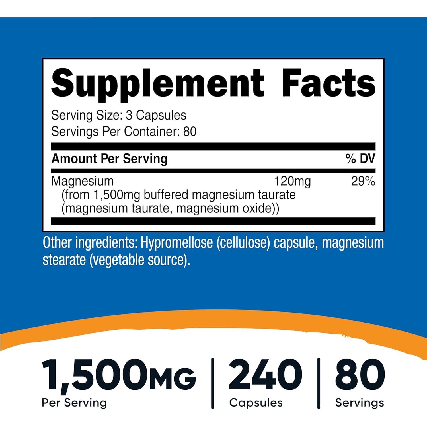 Cápsulas de Taurato de Magnesio Nutricost 1500mg 240 Unidades