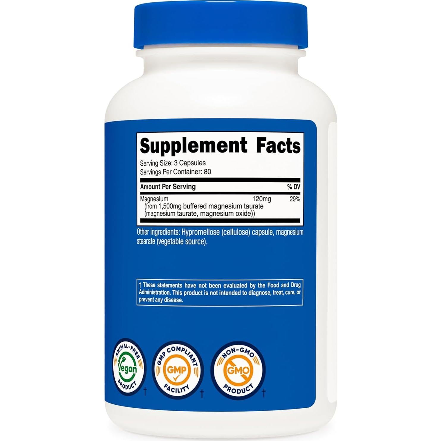 Cápsulas de Taurato de Magnesio Nutricost 1500mg 240 Unidades