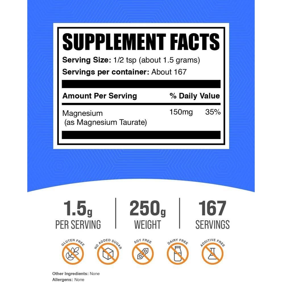 Polvo de Taurato de Magnesio BulkSupplements 250g - Suplemento Salud Corazón