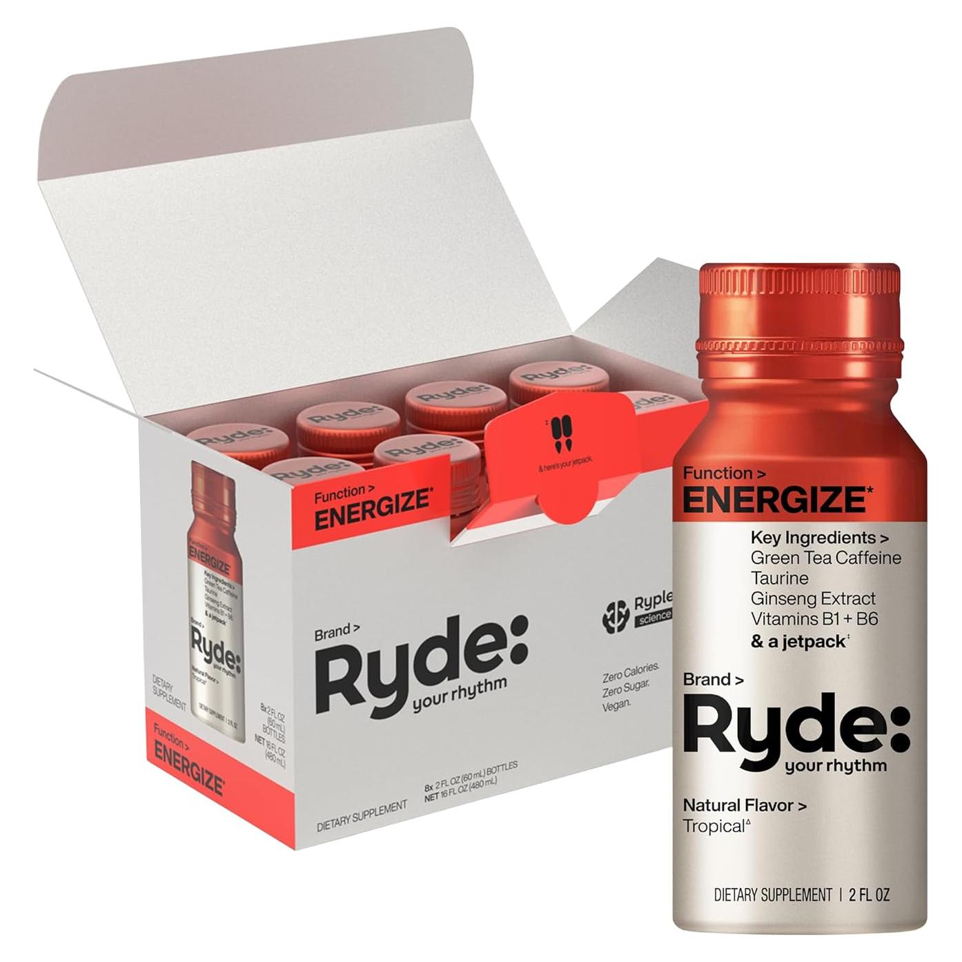 Ryde Energiza Shot Tropical | Cafeína Té Verde | 0 Calorías | 8 Unidades