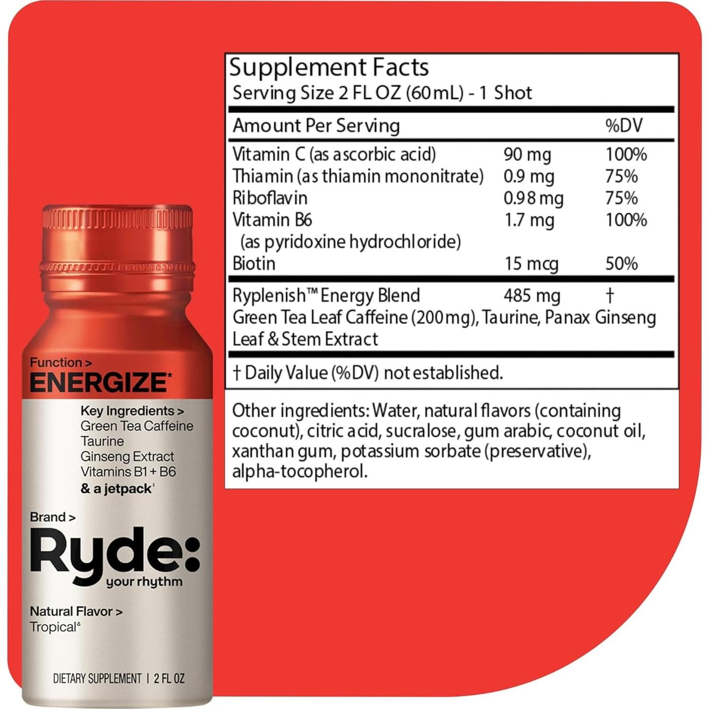 Ryde Energiza Shot Tropical | Cafeína Té Verde | 0 Calorías | 8 Unidades