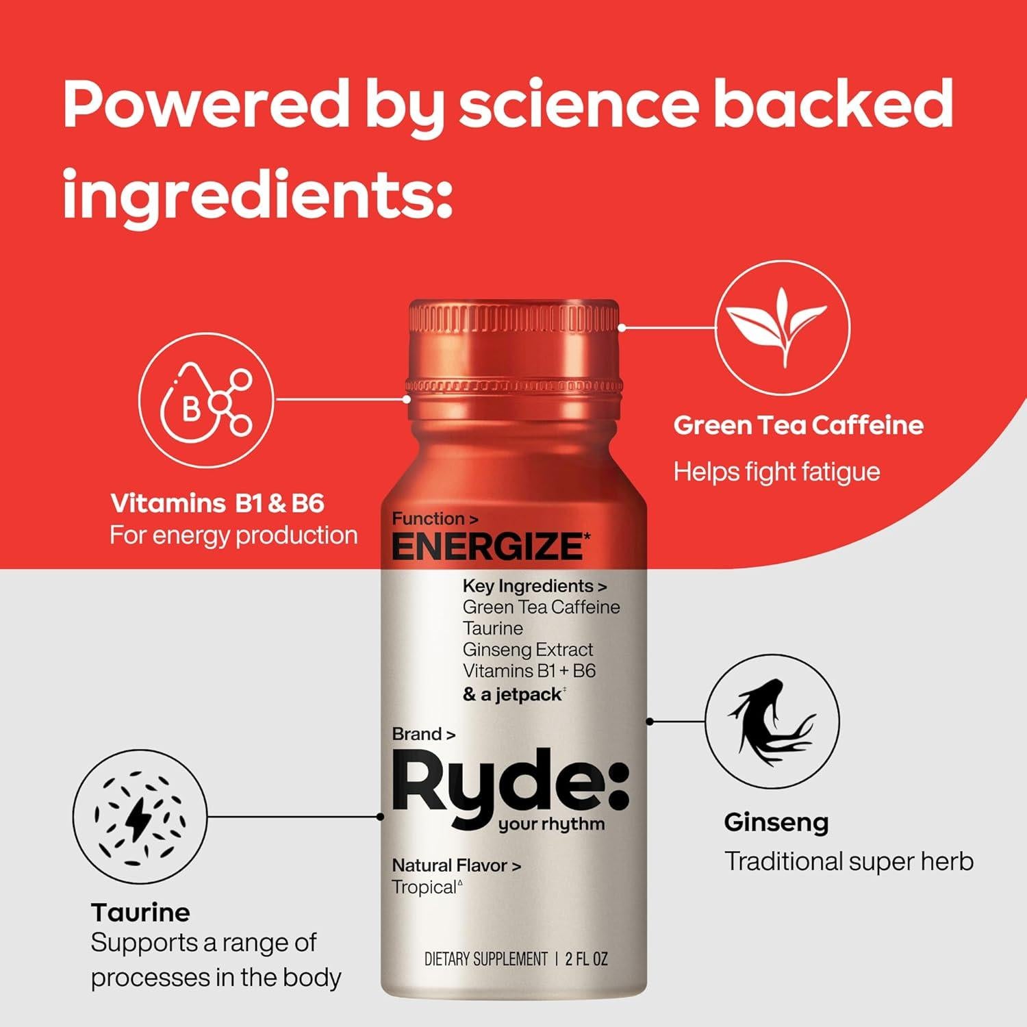 Ryde Energiza Shot Tropical | Cafeína Té Verde | 0 Calorías | 8 Unidades