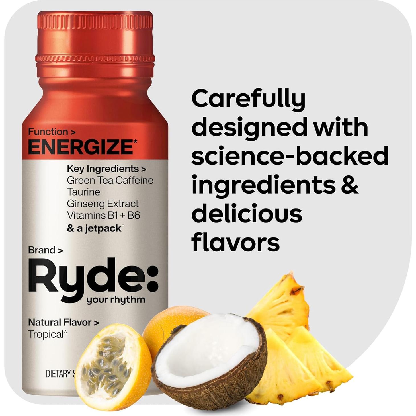 Ryde Energiza Shot Tropical | Cafeína Té Verde | 0 Calorías | 8 Unidades