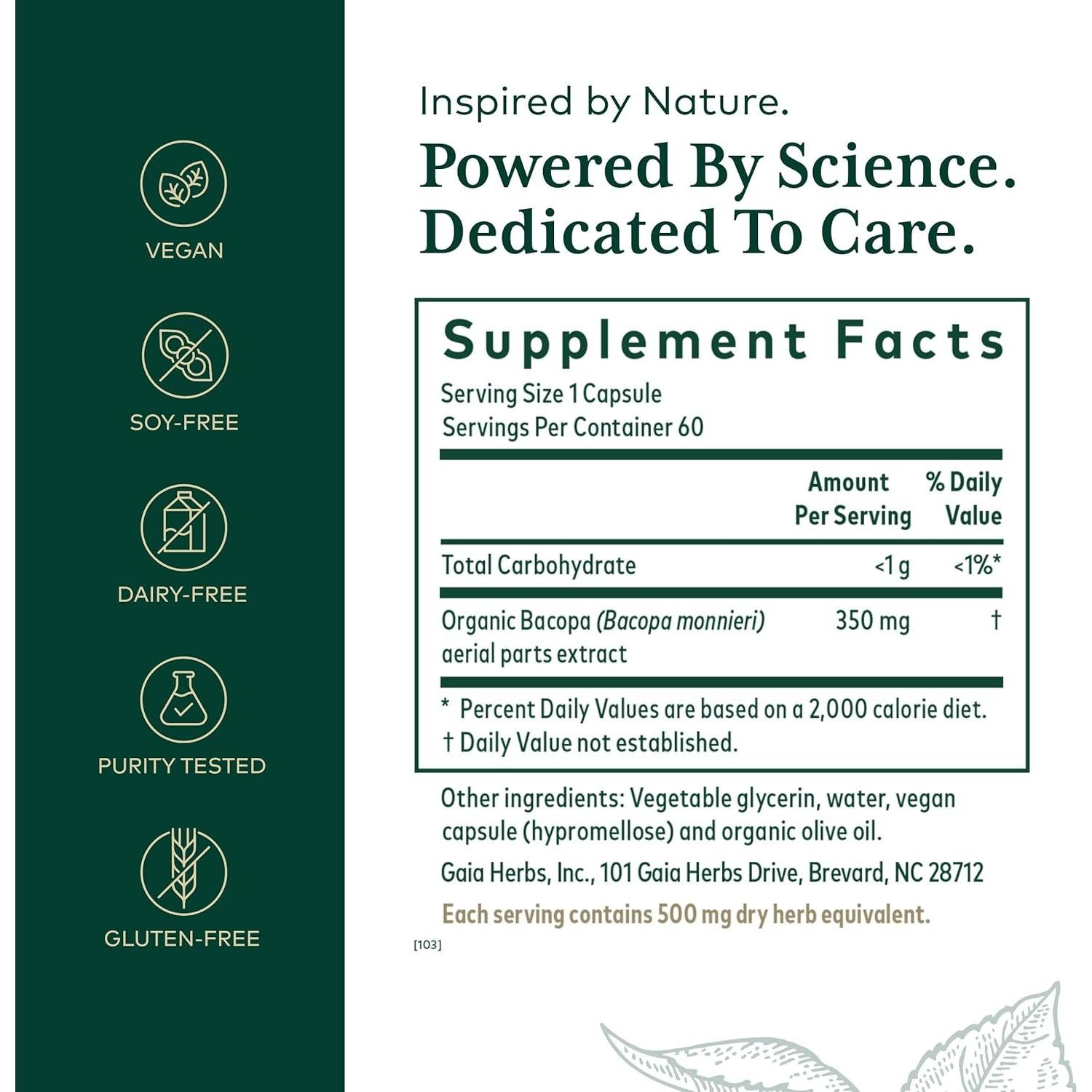 Suplemento Nootrópico Bacopa Gaia Herbs - 60 Cápsulas