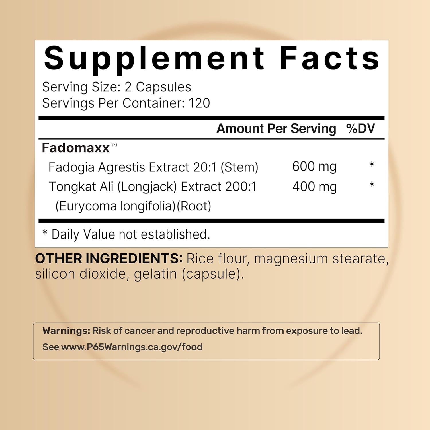 Suplemento Herbal NatureBell Fadogia Agrestis 600mg + Tongkat Ali 400mg - 240 Cápsulas