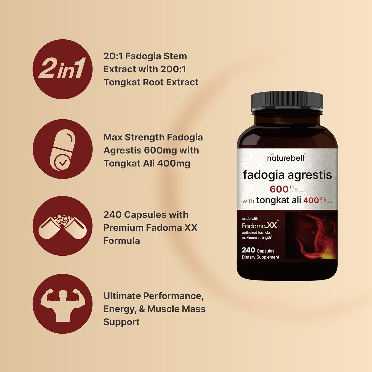 Suplemento Herbal NatureBell Fadogia Agrestis 600mg + Tongkat Ali 400mg - 240 Cápsulas
