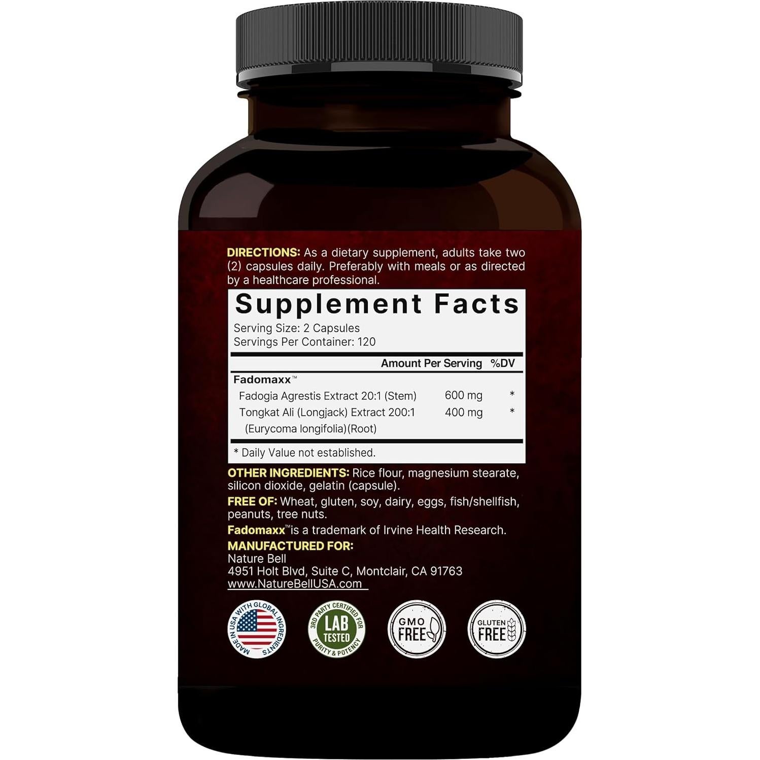Suplemento Herbal NatureBell Fadogia Agrestis 600mg + Tongkat Ali 400mg - 240 Cápsulas