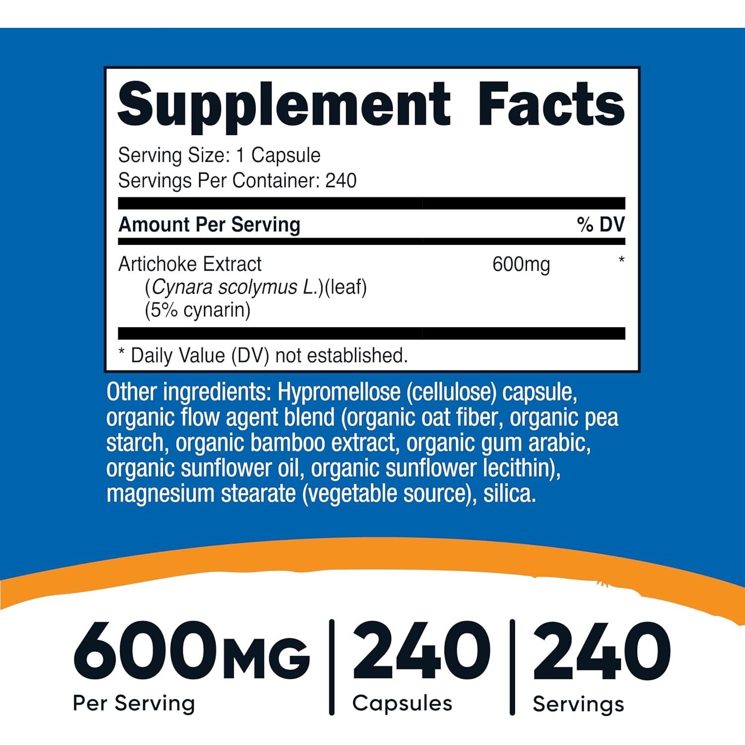 Extracto de Alcachofa Nutricost 600mg - 240 Cápsulas Vegetarianas