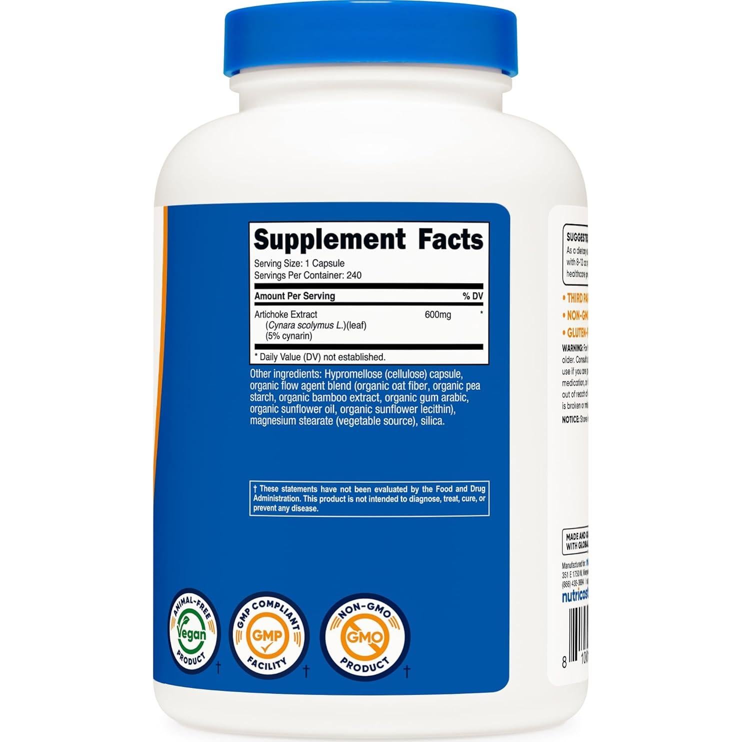 Extracto de Alcachofa Nutricost 600mg - 240 Cápsulas Vegetarianas