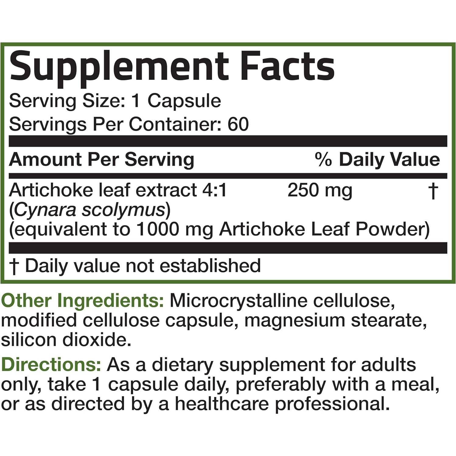 Bronson Extracto de Hoja de Alcachofa 1000 MG 60 Cápsulas Veganas