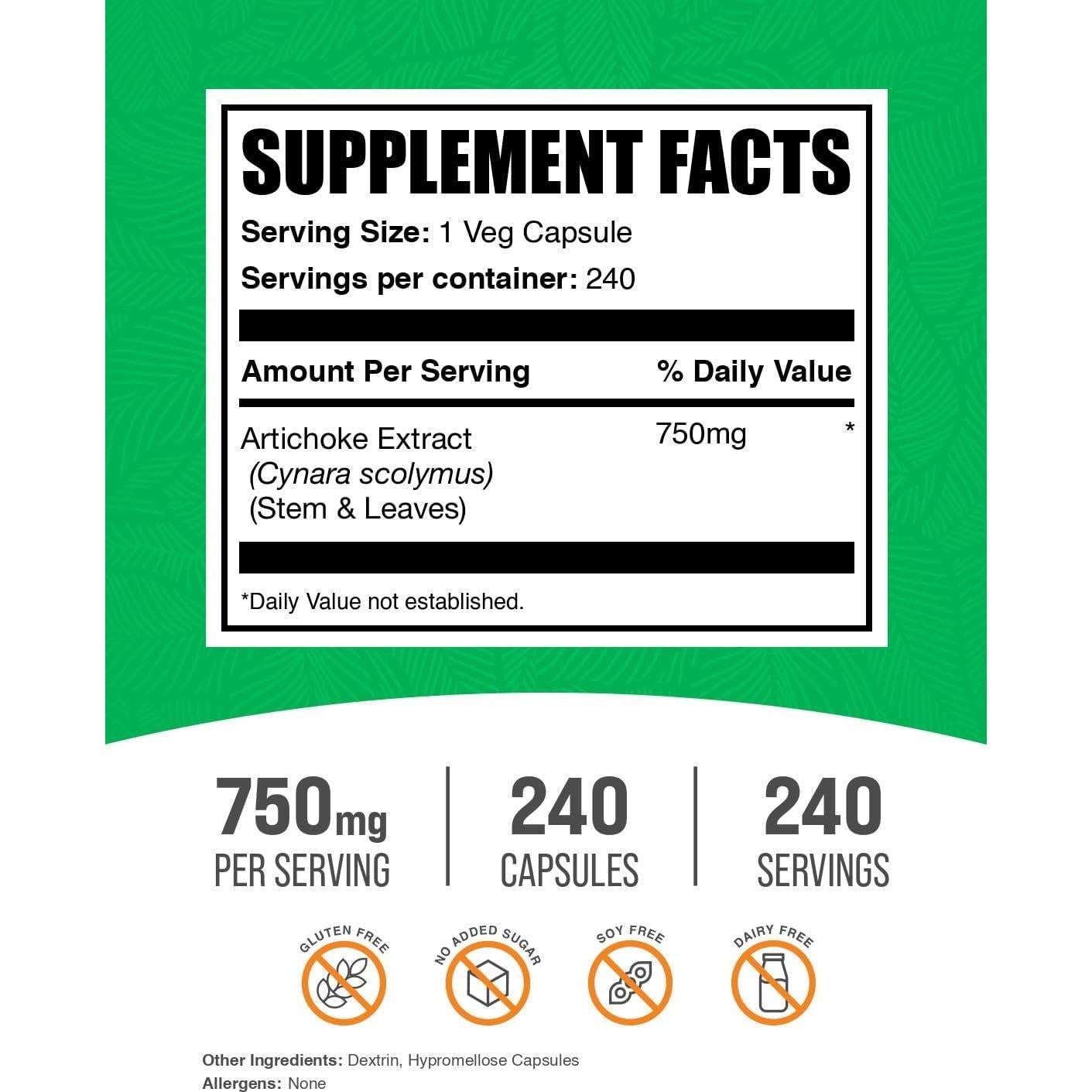 Cápsulas de Extracto de Alcachofa BulkSupplements 240 Unidades