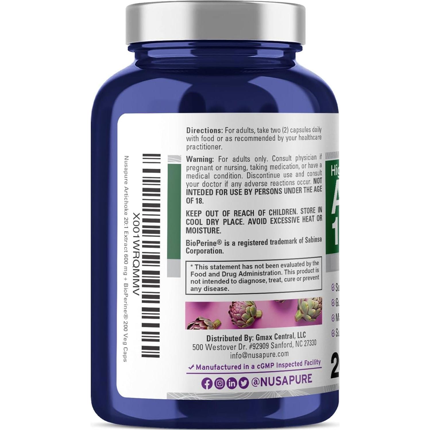 Extracto de Alcachofa NusaPure 600 mg 200 Cápsulas Veganas