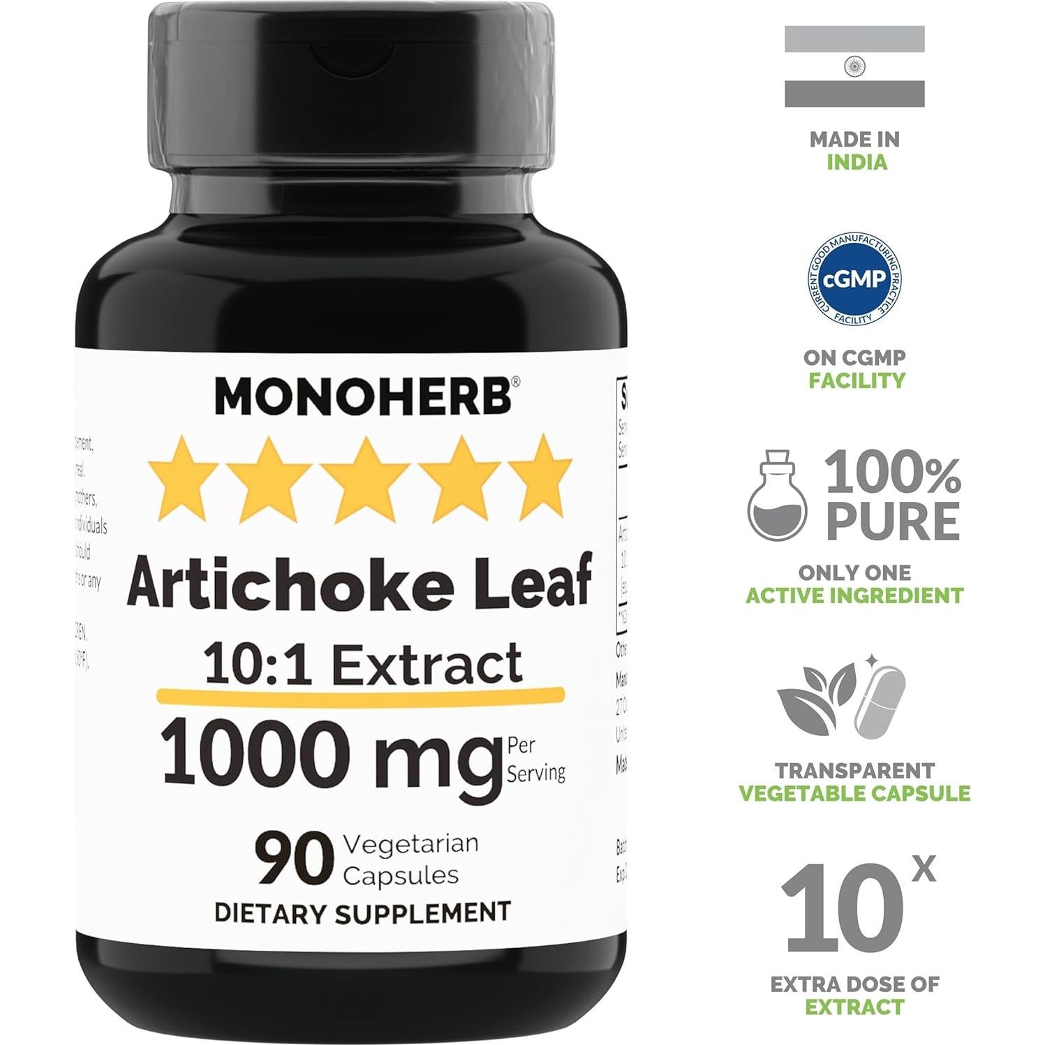 Extracto de Hoja de Alcachofa Monoherb 1000 mg - 90 Cápsulas Vegetarianas