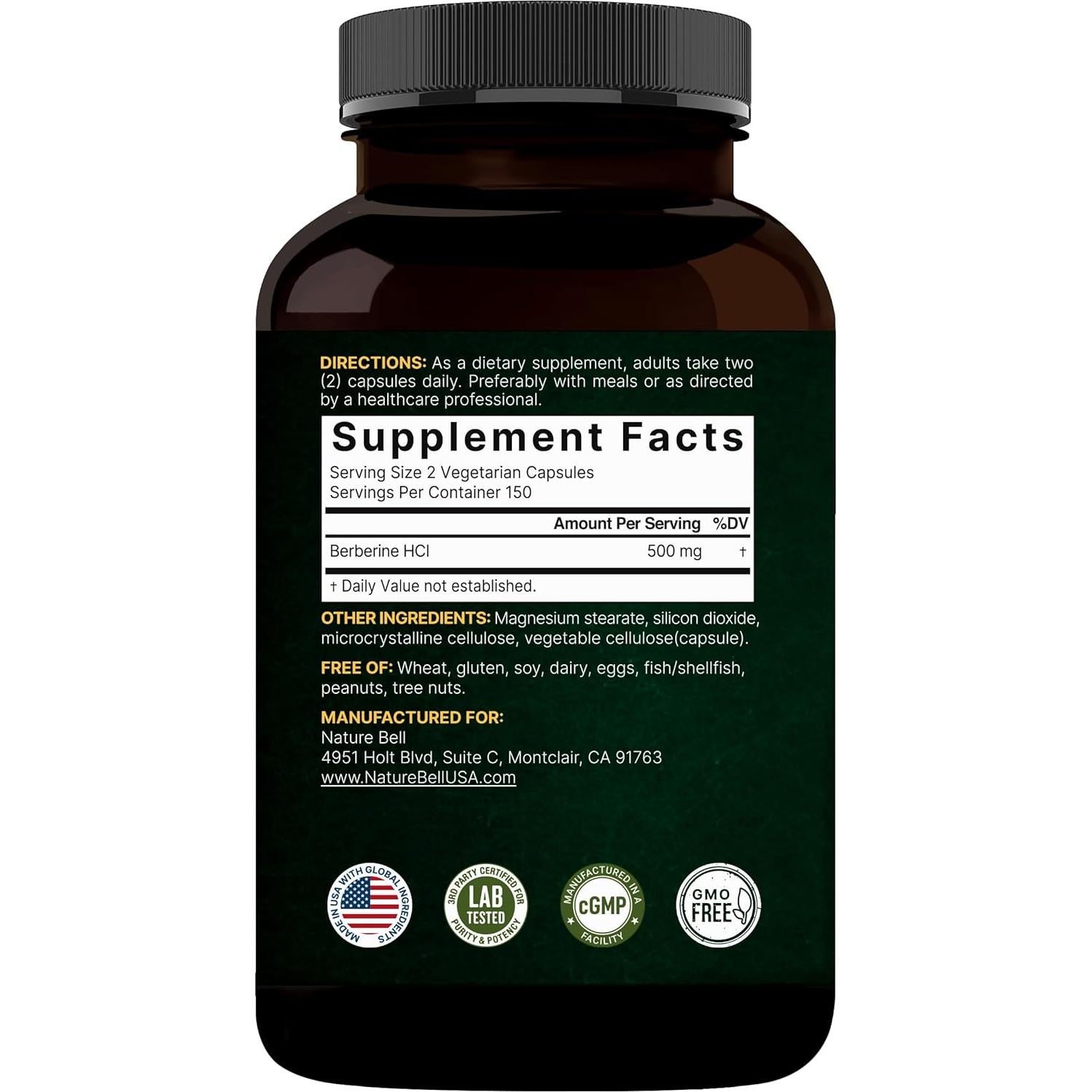 Suplemento de Berberina NatureBell 500mg - 300 Cápsulas Veganas