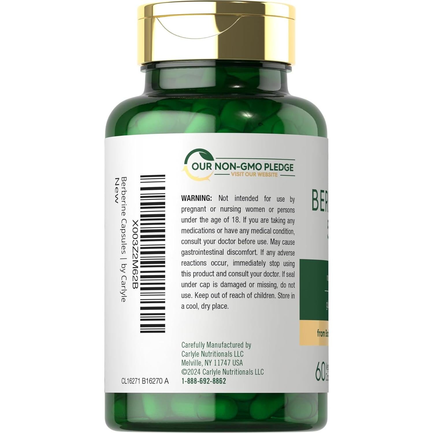 Suplemento de Berberina HCL Carlyle 500 mg 60 Cápsulas Vegetarianas