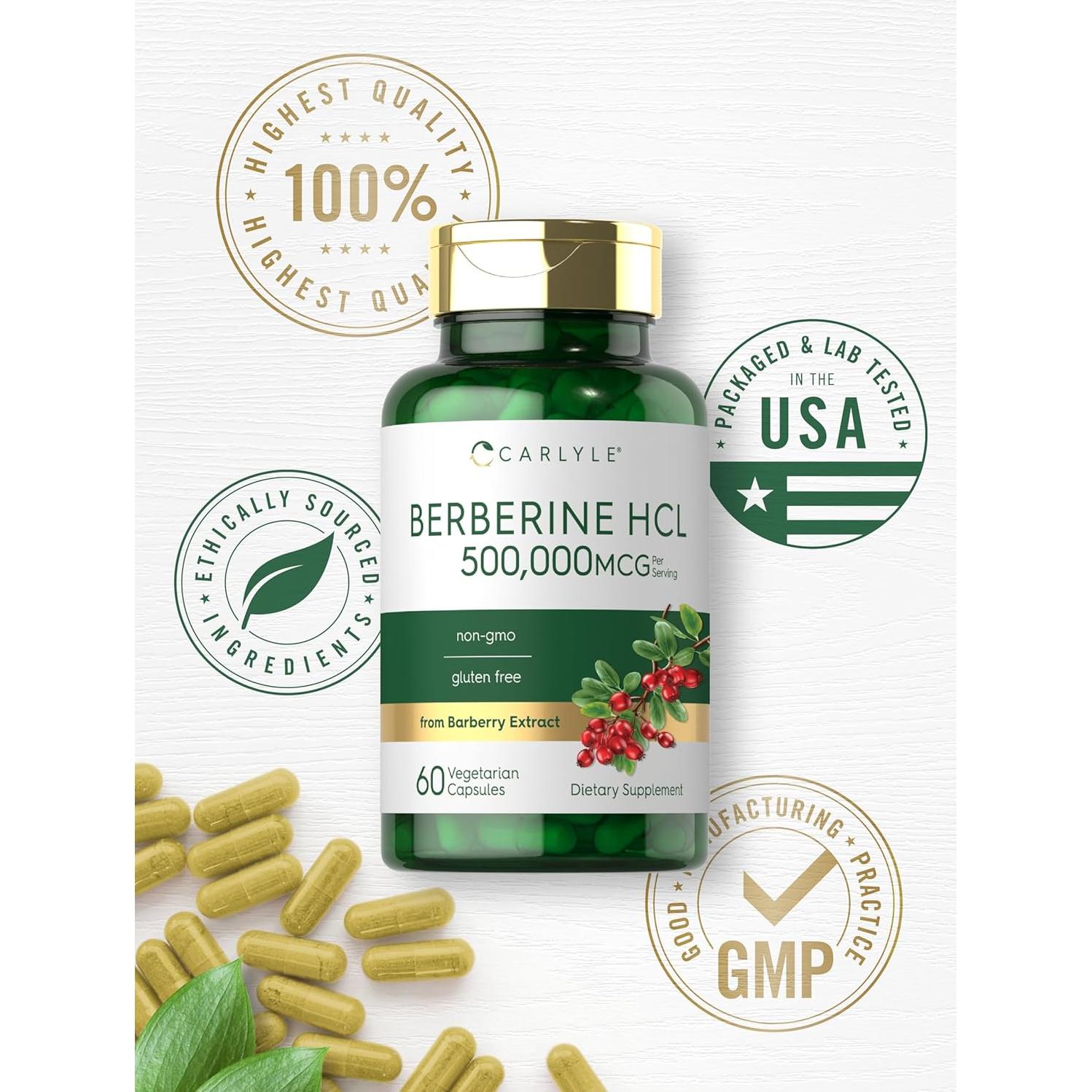 Suplemento de Berberina HCL Carlyle 500 mg 60 Cápsulas Vegetarianas