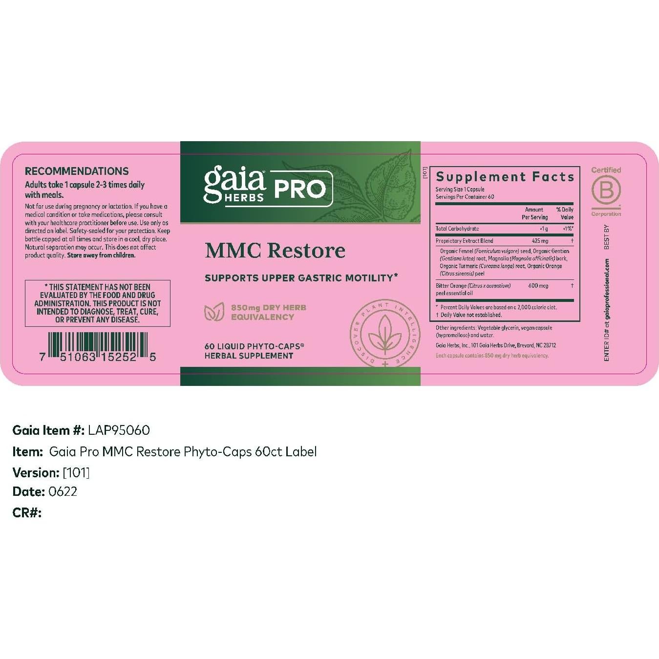 Suplemento Digestivo Gaia Herbs Pro MMC Restore - 60 Cápsulas