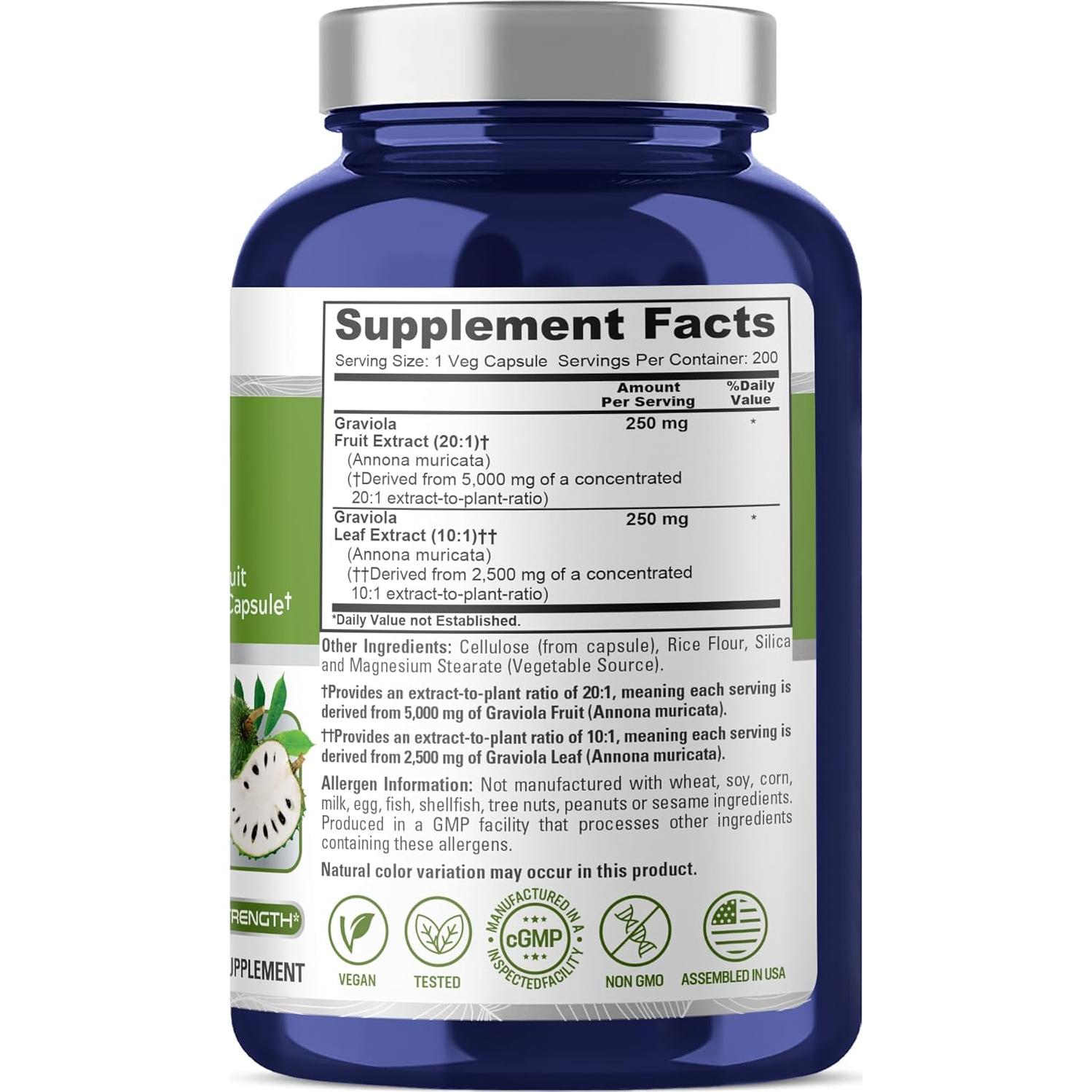 Extracto de Graviola NusaPure 20:1 y 10:1 - 7500 mg - 200 Cápsulas