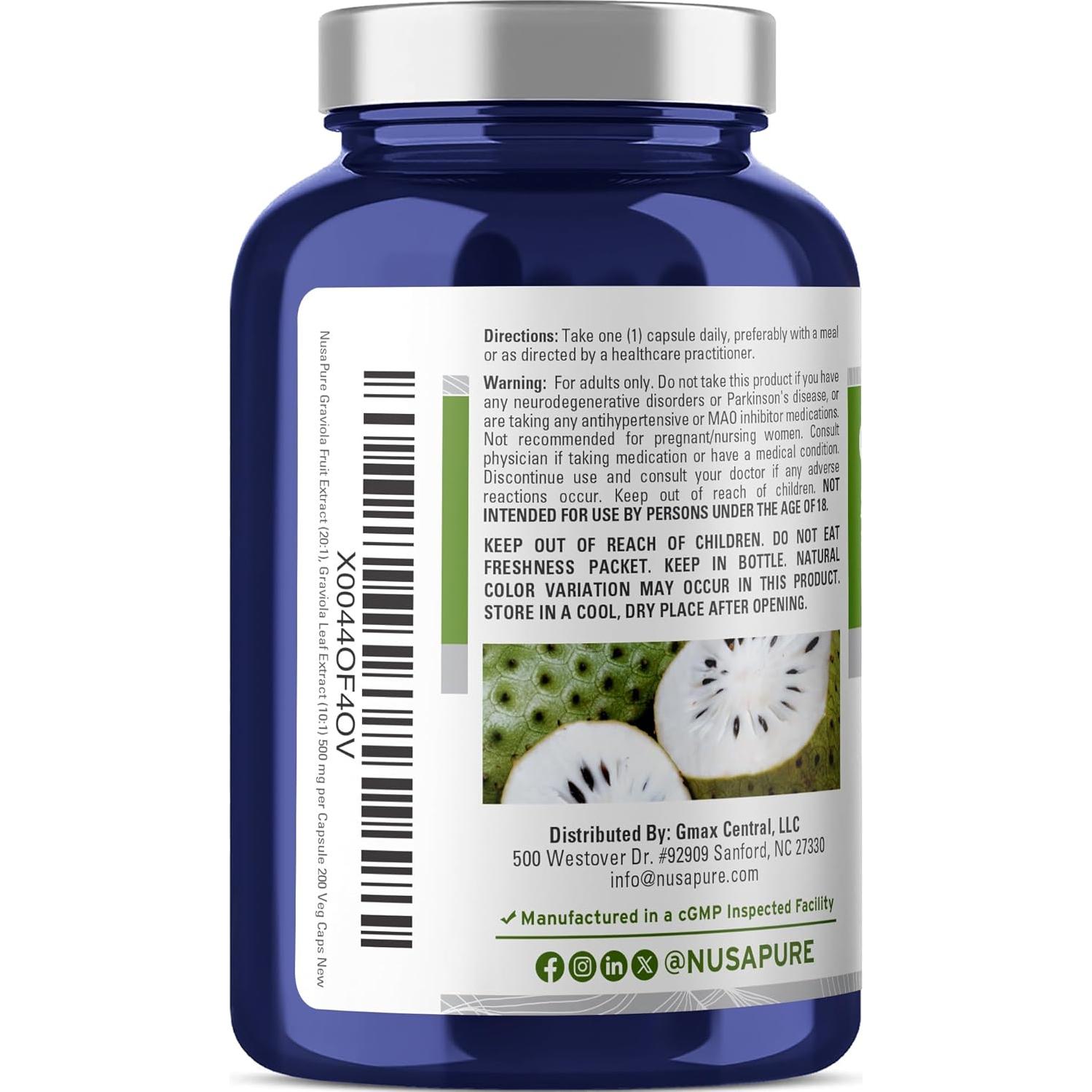 Extracto de Graviola NusaPure 20:1 y 10:1 - 7500 mg - 200 Cápsulas