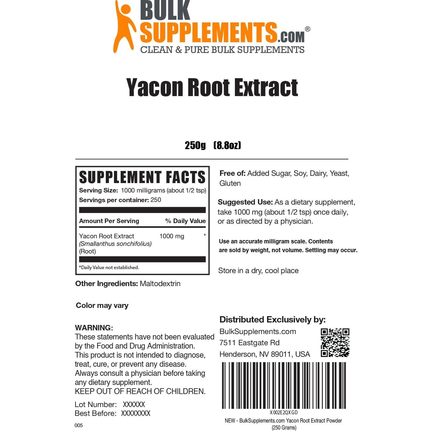 Extracto de Raíz de Yacón en Polvo BulkSupplements 250g - Edulcorante Natural