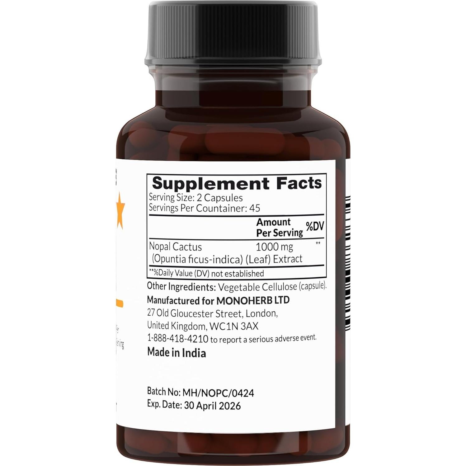 Nopal Cactus 1000 mg Monoherb - 90 Cápsulas Veganas