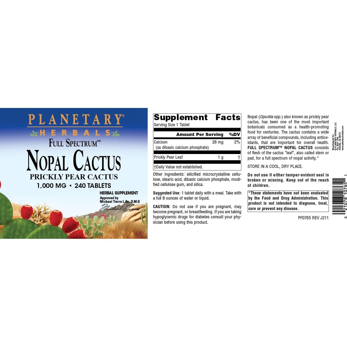 Suplemento de Nopal Cactus 1000mg Planetary Herbals 200g