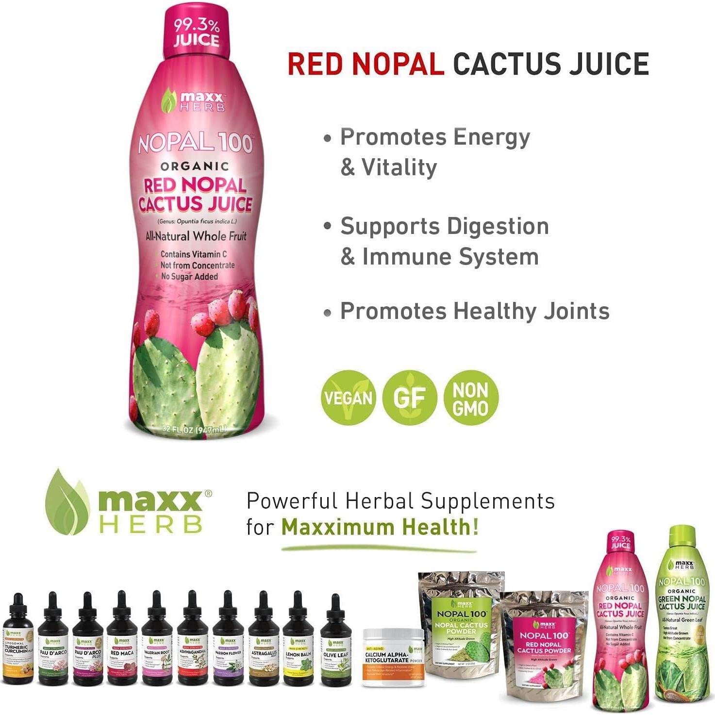 Jugo de Nopal Rojo Orgánico Maxx Herb - 4 Botellas de 946 ml