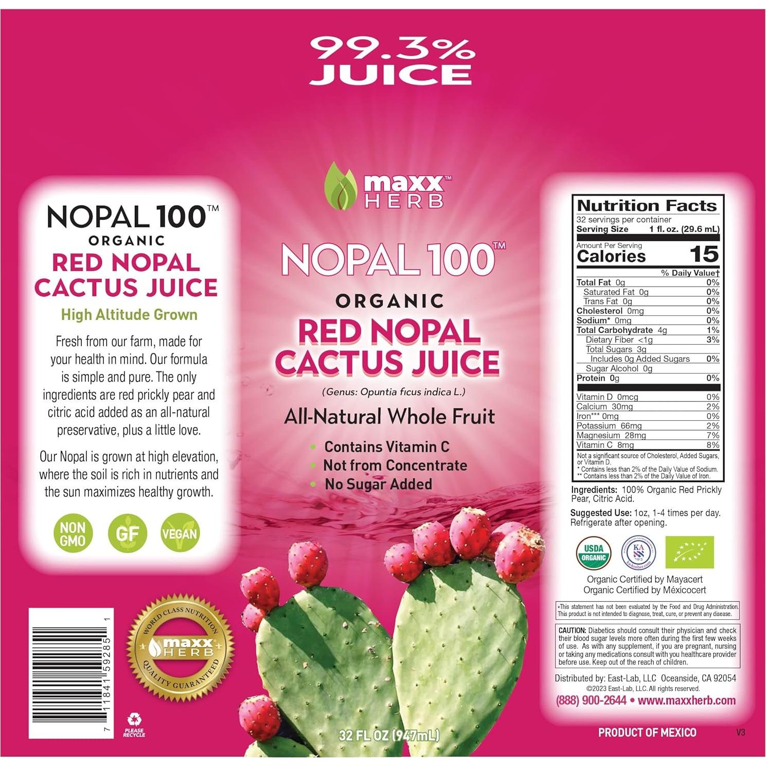 Jugo de Nopal Rojo Orgánico Maxx Herb - 4 Botellas de 946 ml