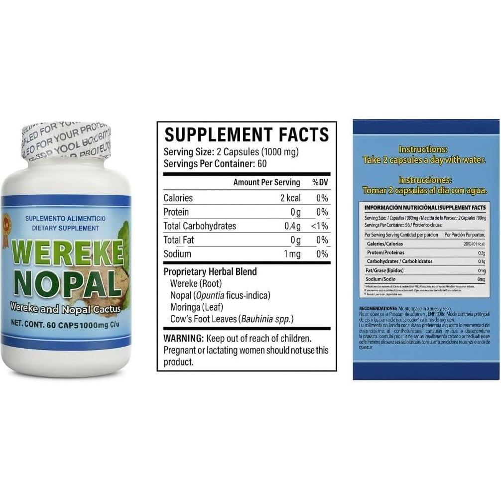 Cápsulas de Wereke y Nopal 60 Unidades 1000 mg - Suplemento Natural