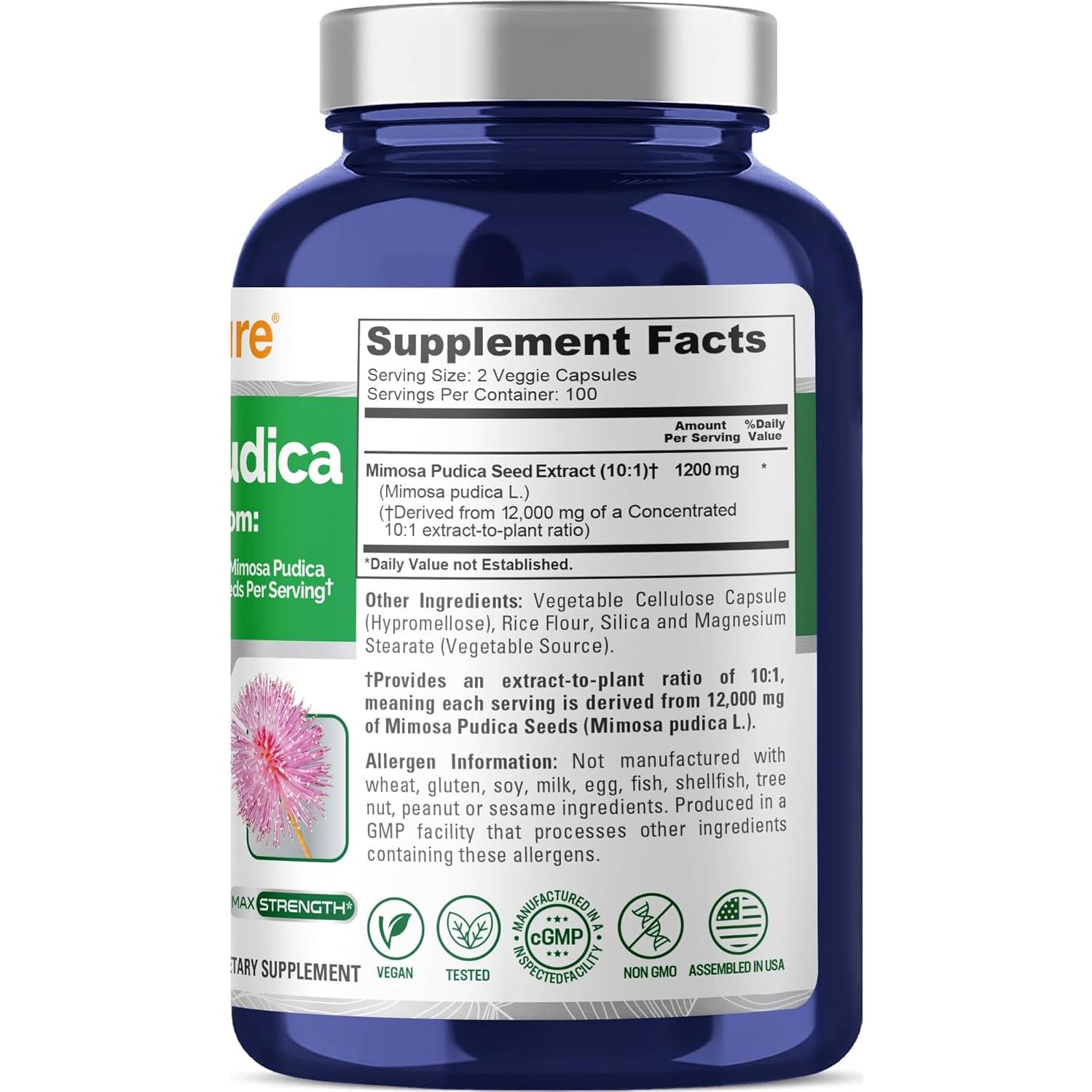 NusaPure Semilla de Mimosa Pudica 1200 mg 200 Cápsulas Veganas