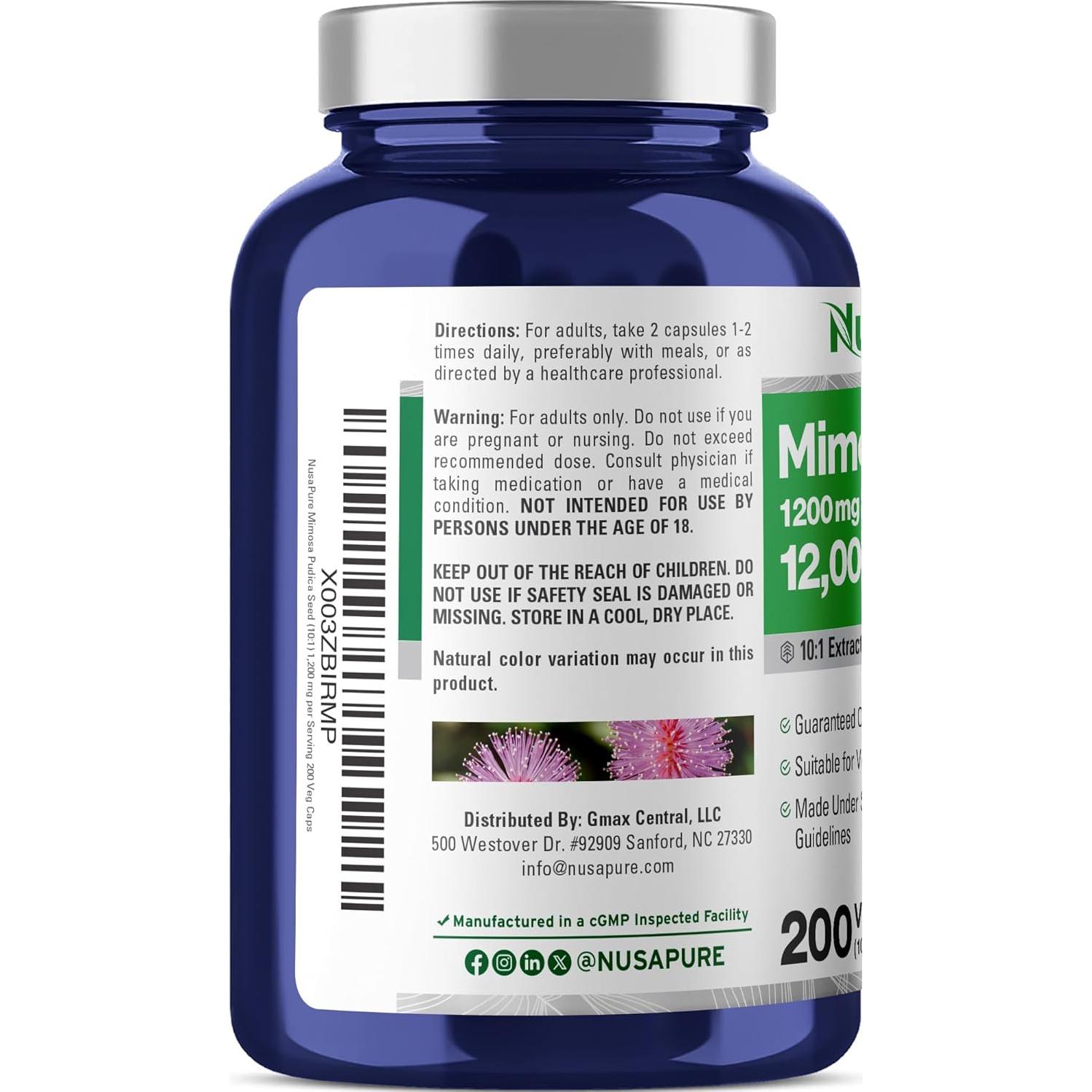 NusaPure Semilla de Mimosa Pudica 1200 mg 200 Cápsulas Veganas