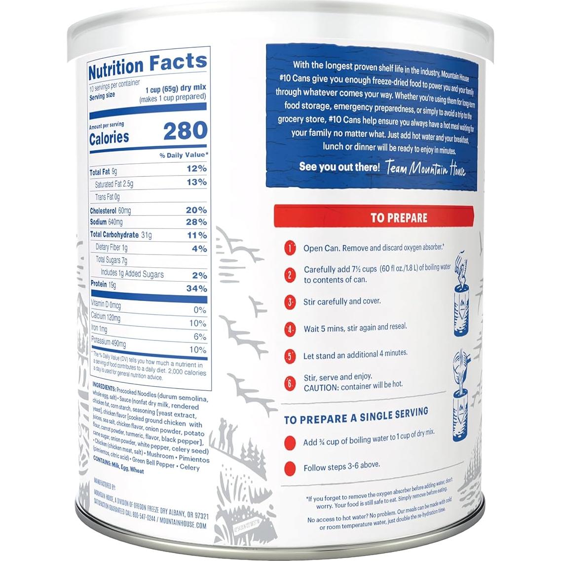 Cazuela de Pollo y Fideos Mountain House 10 Porciones 30 Años Vida Útil