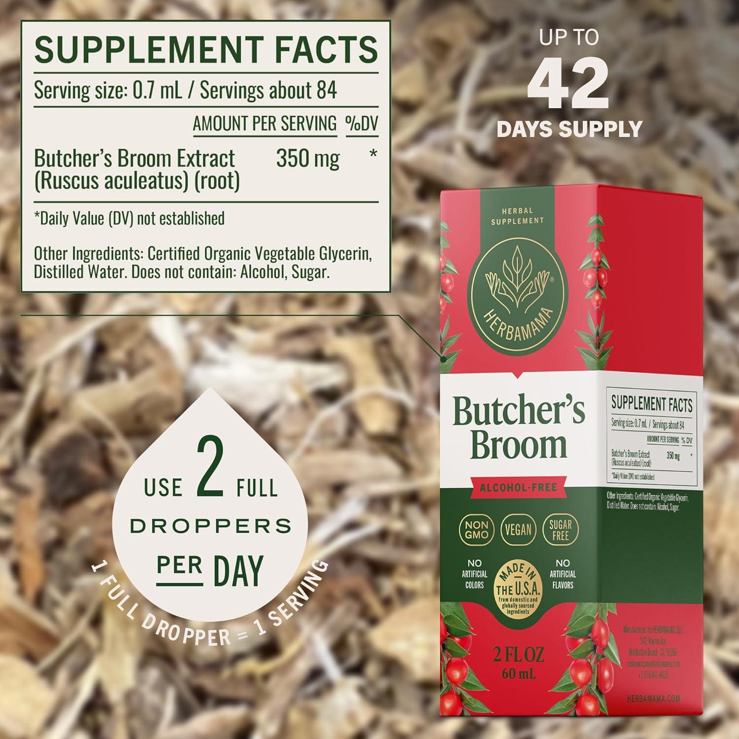 Tintura de Raíz de Escoba de Butcher Herbamama 59 ml - Soporte Vegano para Piernas