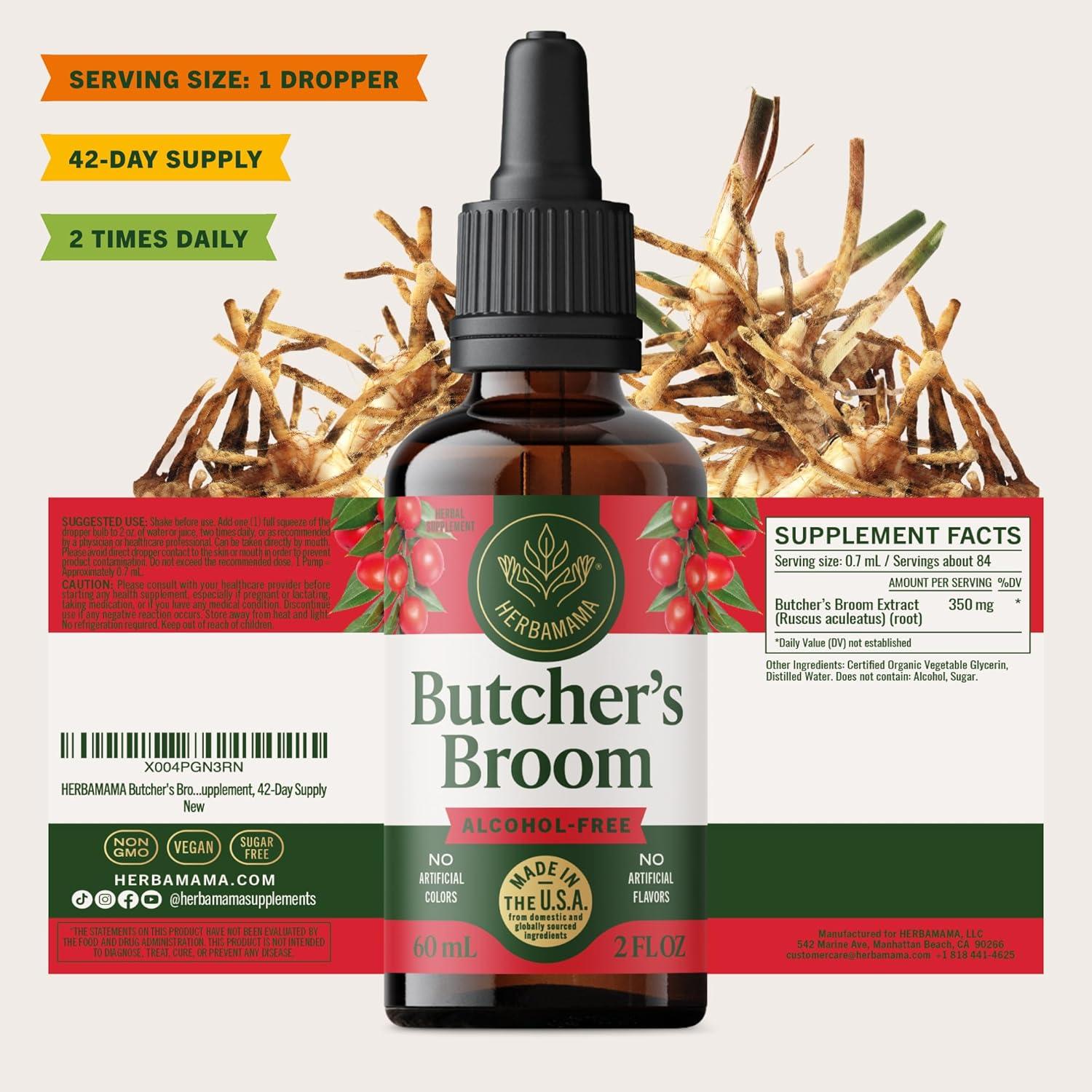 Tintura de Raíz de Escoba de Butcher Herbamama 59 ml - Soporte Vegano para Piernas