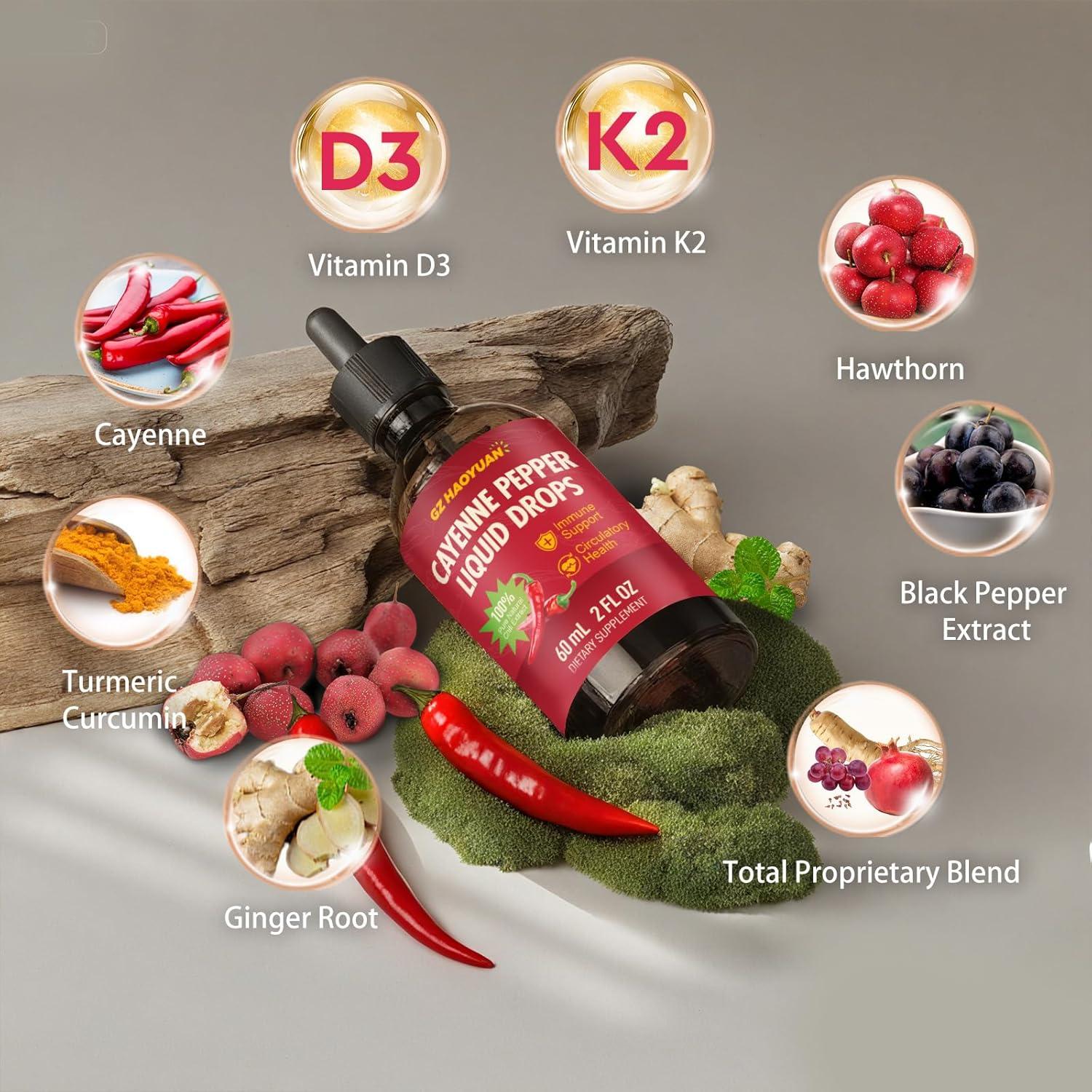 Suplemento Líquido GZ HAOYUAN: Pimienta de Cayena, Vitamina D3, K2, Cúrcuma - 59 ml