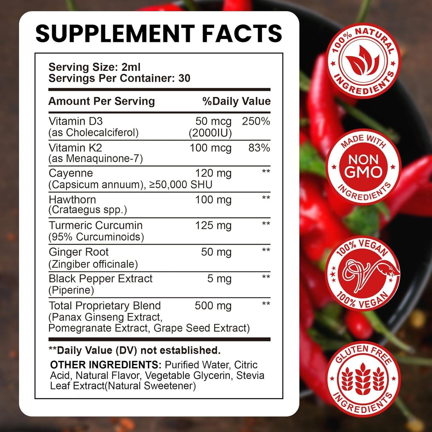 Suplemento Líquido GZ HAOYUAN: Pimienta de Cayena, Vitamina D3, K2, Cúrcuma - 59 ml