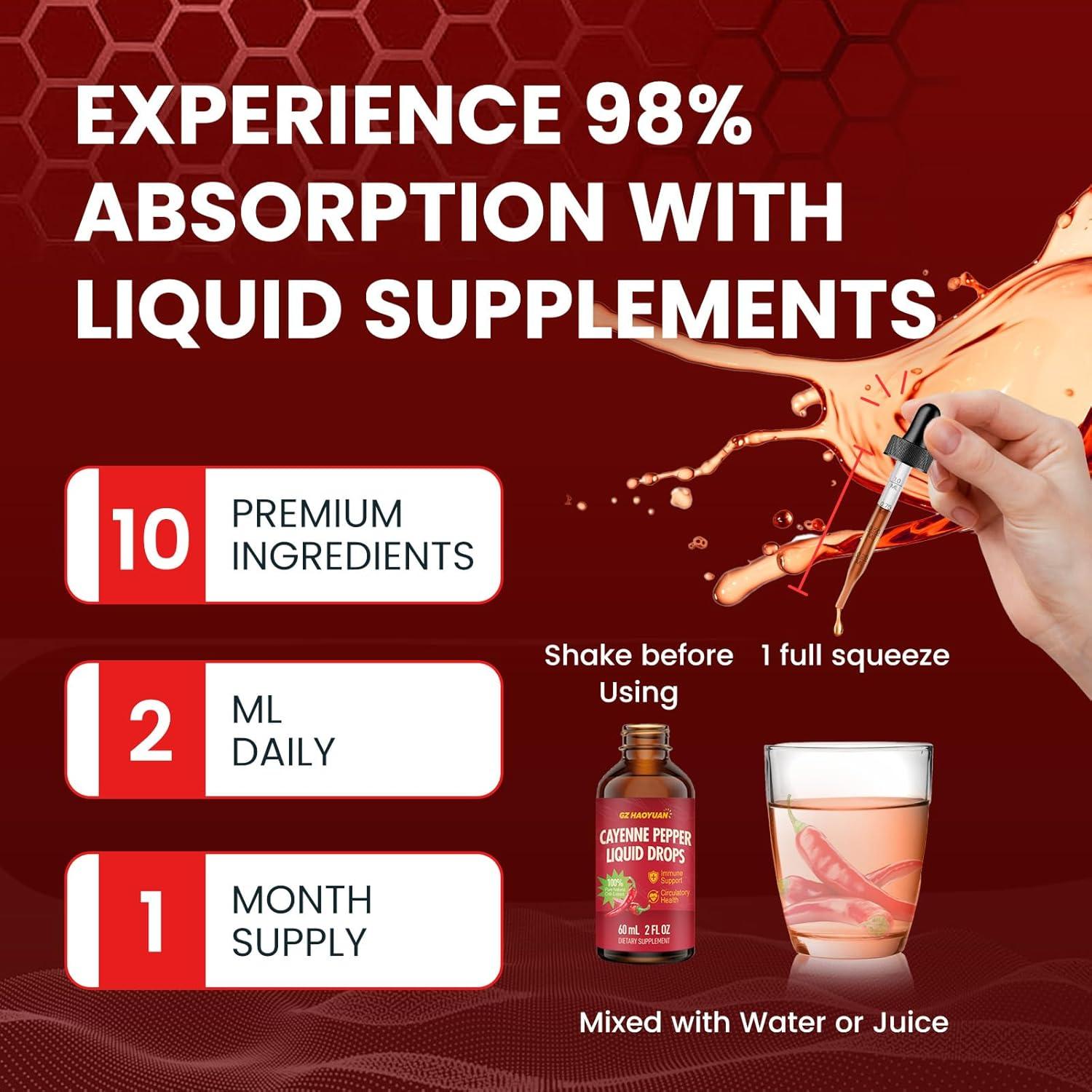 Suplemento Líquido GZ HAOYUAN: Pimienta de Cayena, Vitamina D3, K2, Cúrcuma - 59 ml