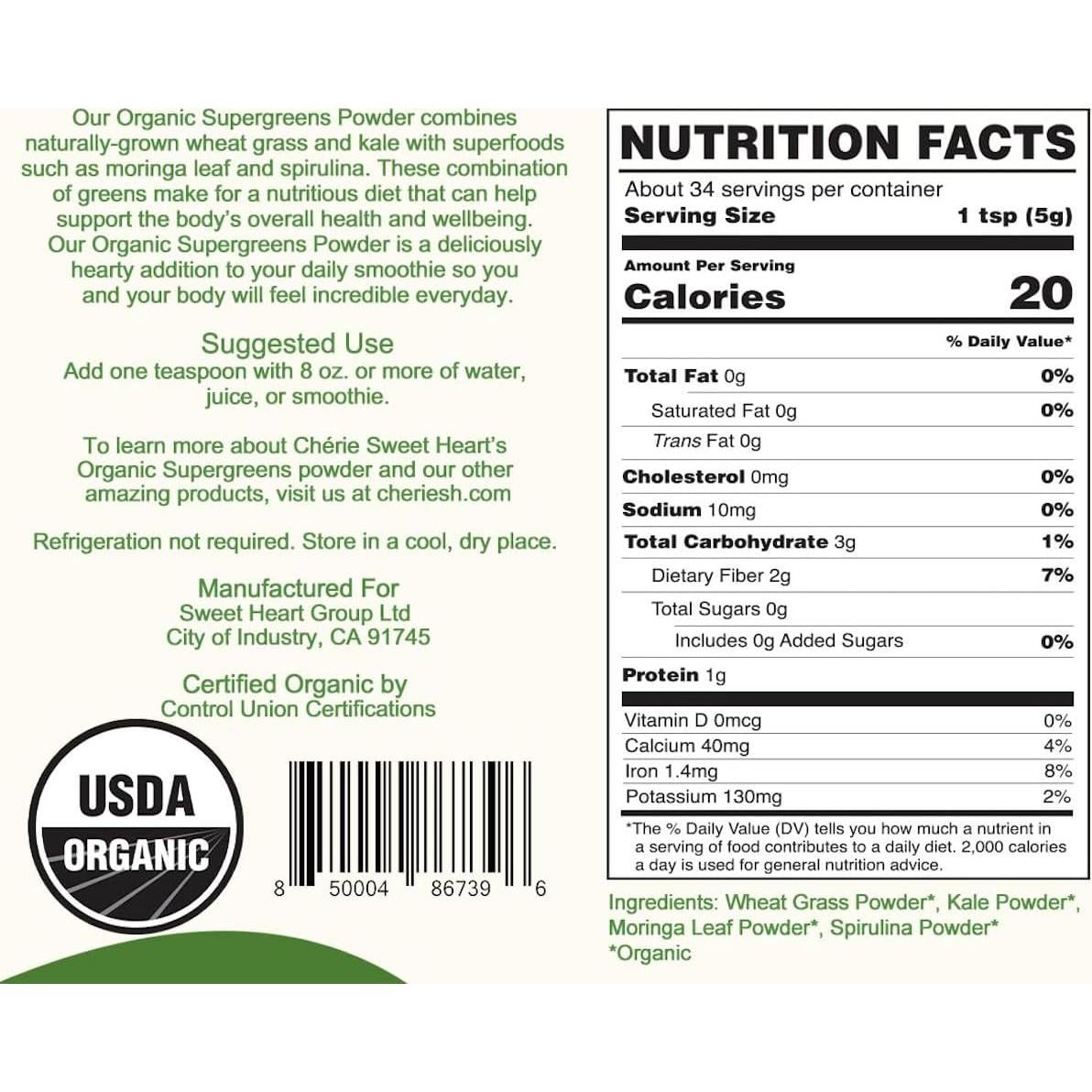 Polvo de Supergreens Orgánico Chérie Corazón Dulce 170 g